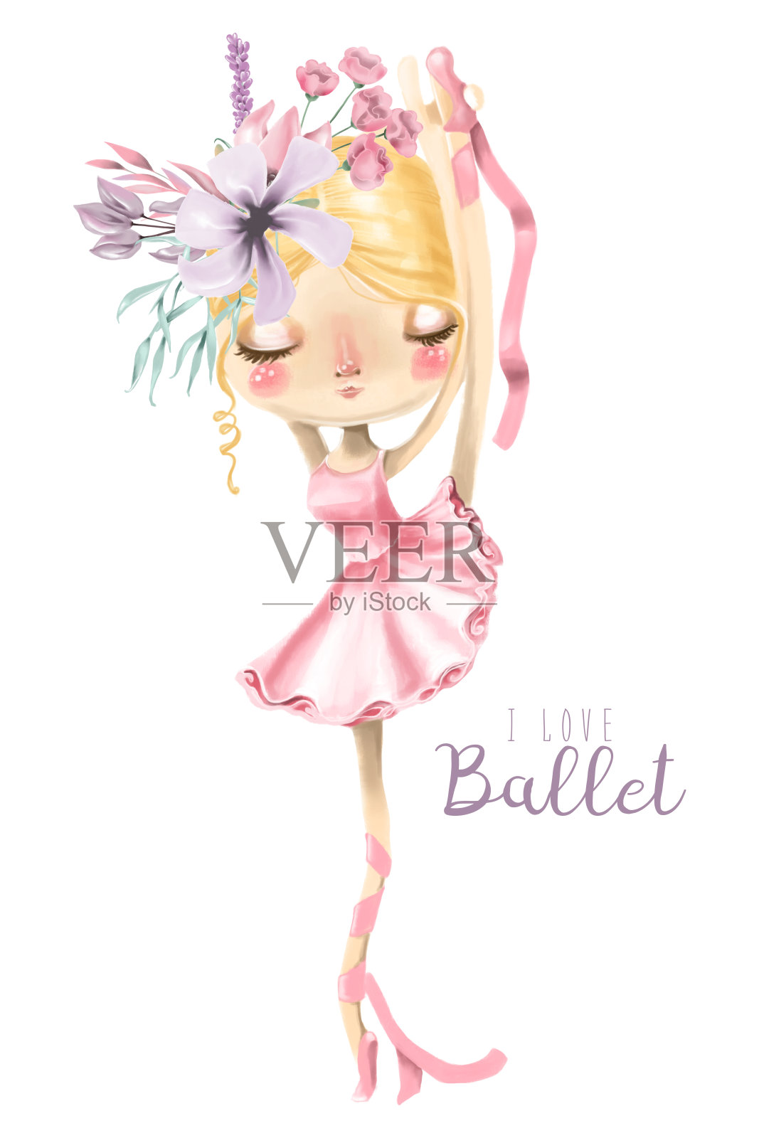 美丽的芭蕾舞女演员，手持鲜花的芭蕾舞女演员插画图片素材
