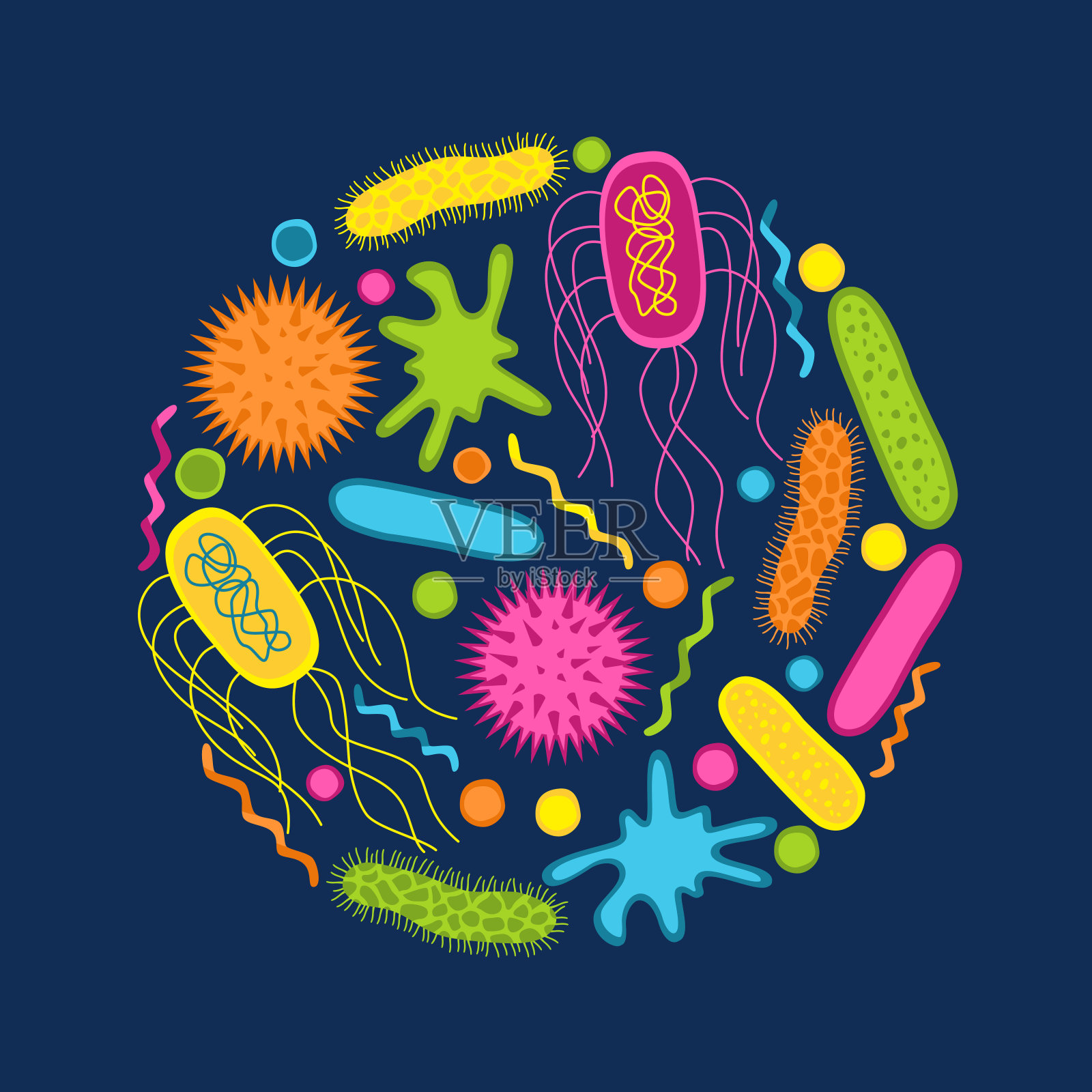 彩色细菌和细菌图标设置隔离在蓝色背景。插画图片素材