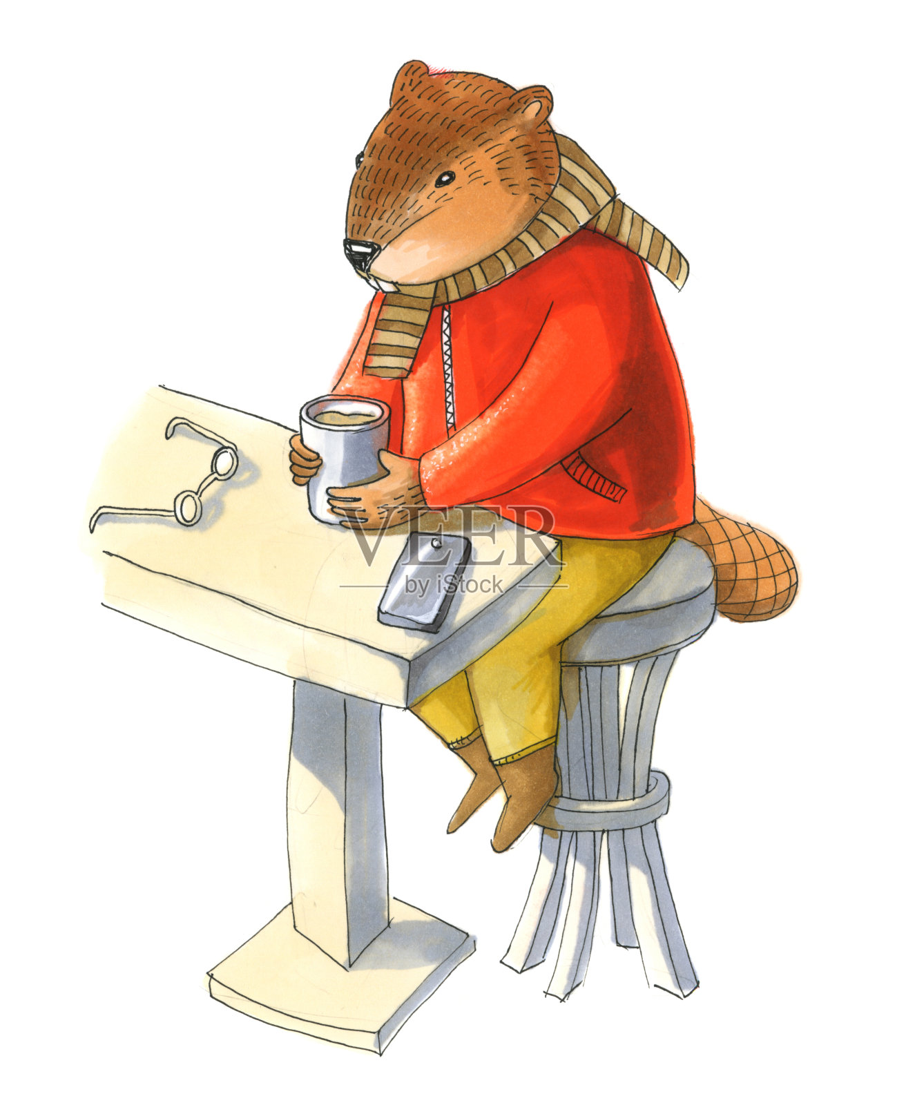 水彩插图。穿夹克和裤子的海狸喝咖啡插画图片素材