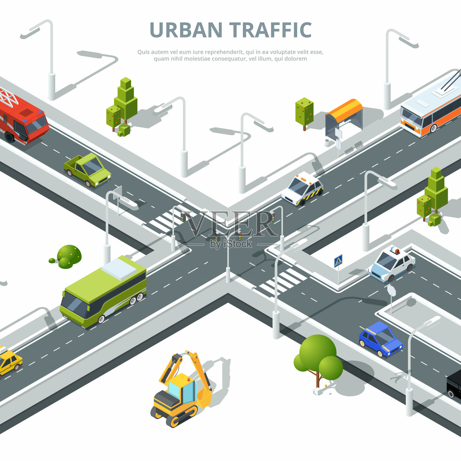 城市的十字路口。不同汽车的城市交通图。向量等距的照片插画图片素材
