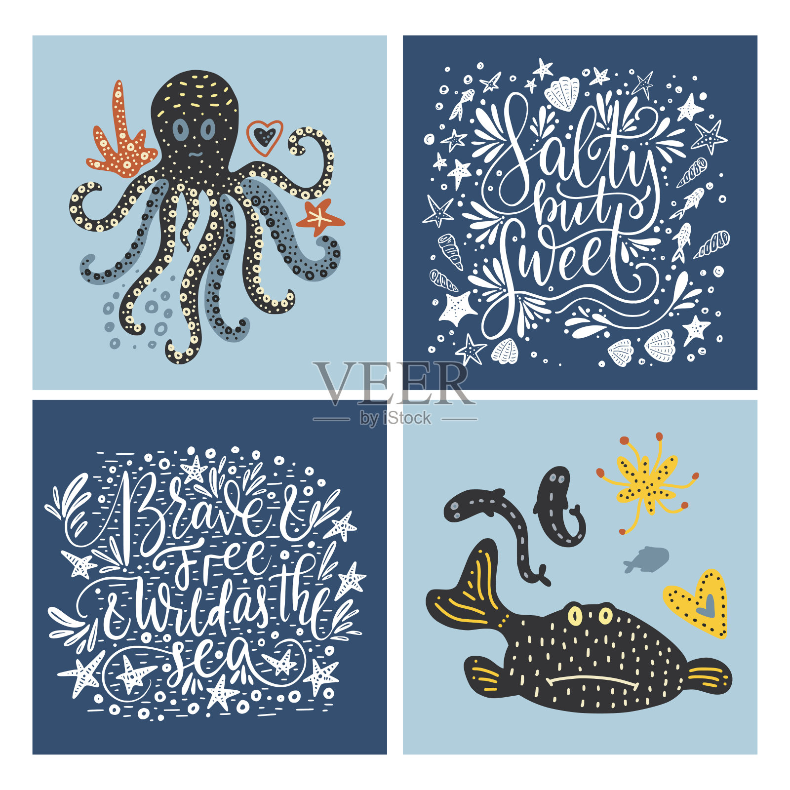 矢量海卡与手绘的海洋动物和华丽的字母件插画图片素材