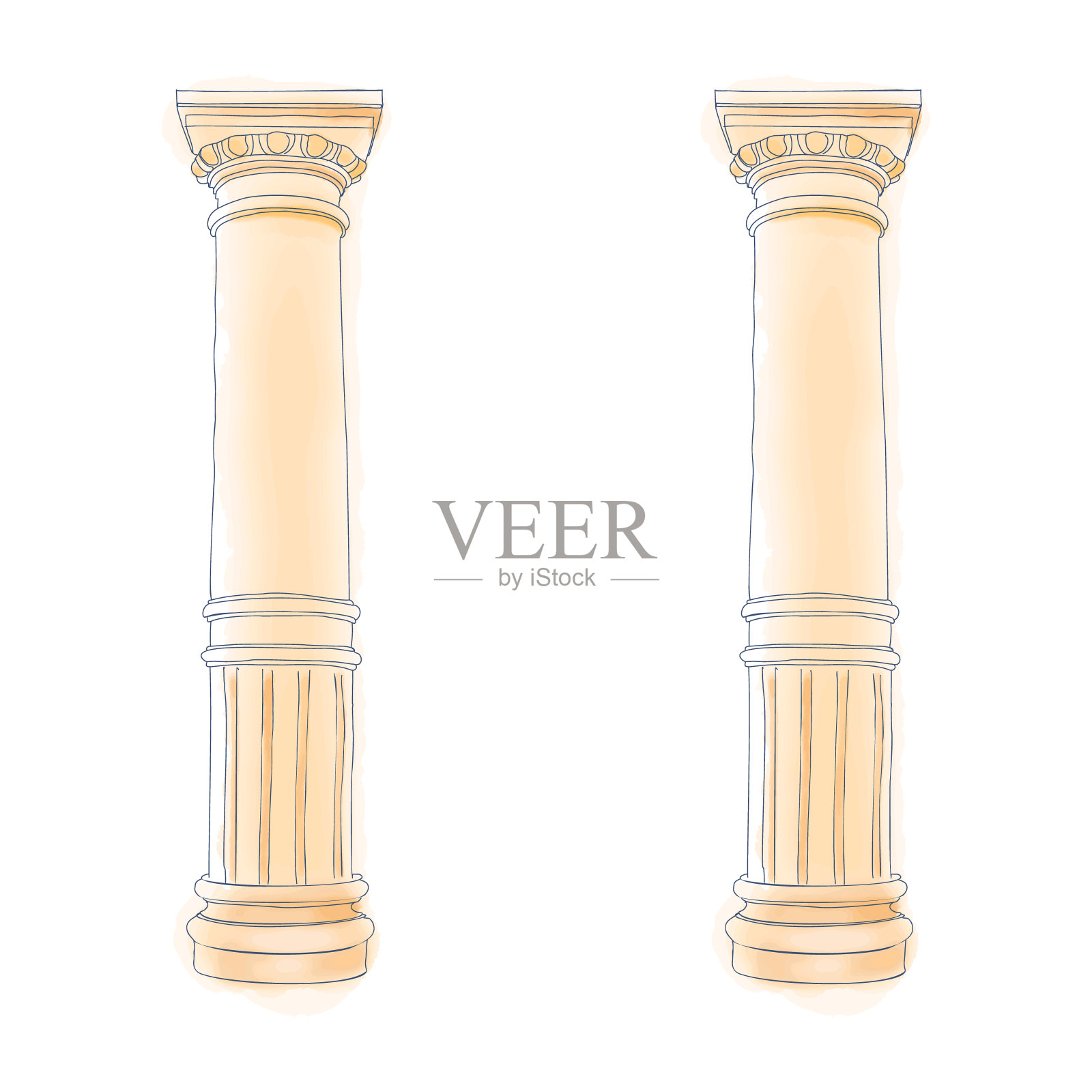 希腊涂鸦柱，多利克柱，爱奥尼亚柱。矢量插图。古典建筑设计元素图片