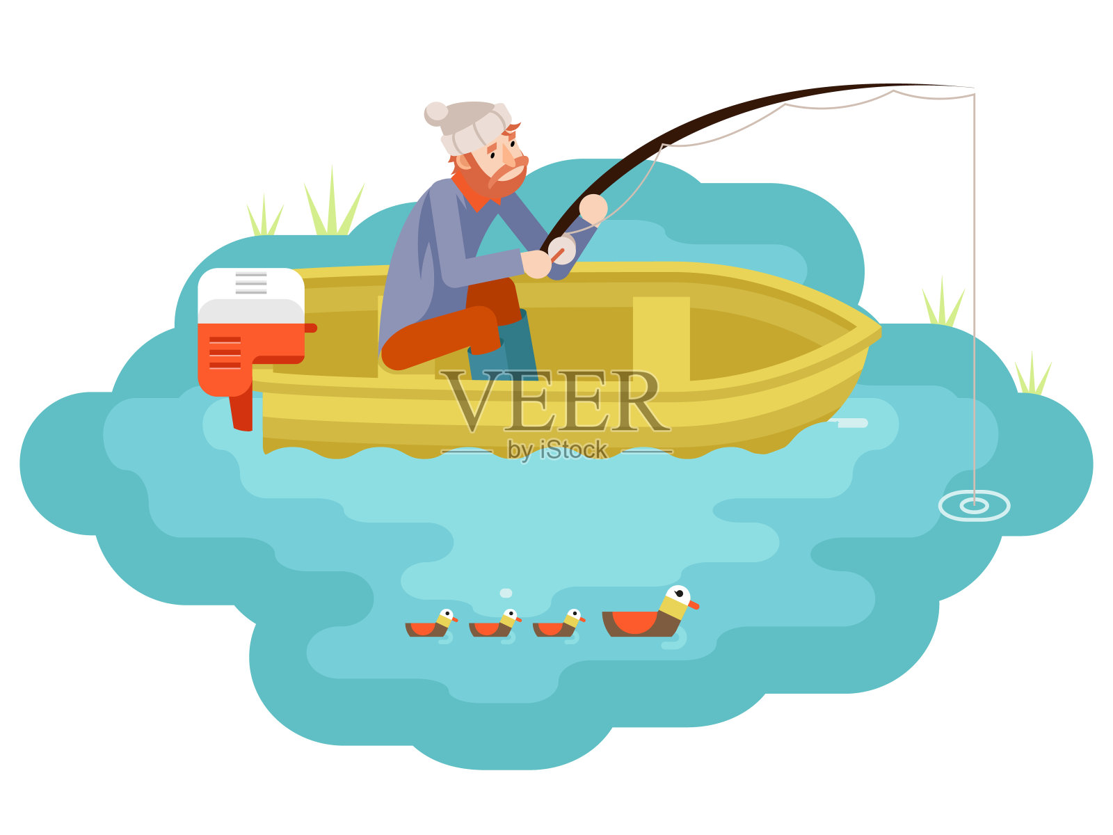湖钓鱼成年渔民与钓鱼竿船鸟孤立概念字符等距图标平面设计模板矢量插图设计元素图片