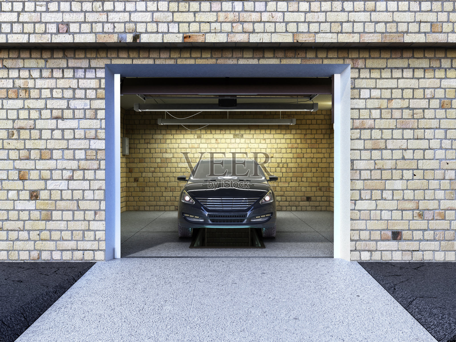 车库的正面视图与汽车3D内饰与打开的卷帘门3D渲染照片摄影图片