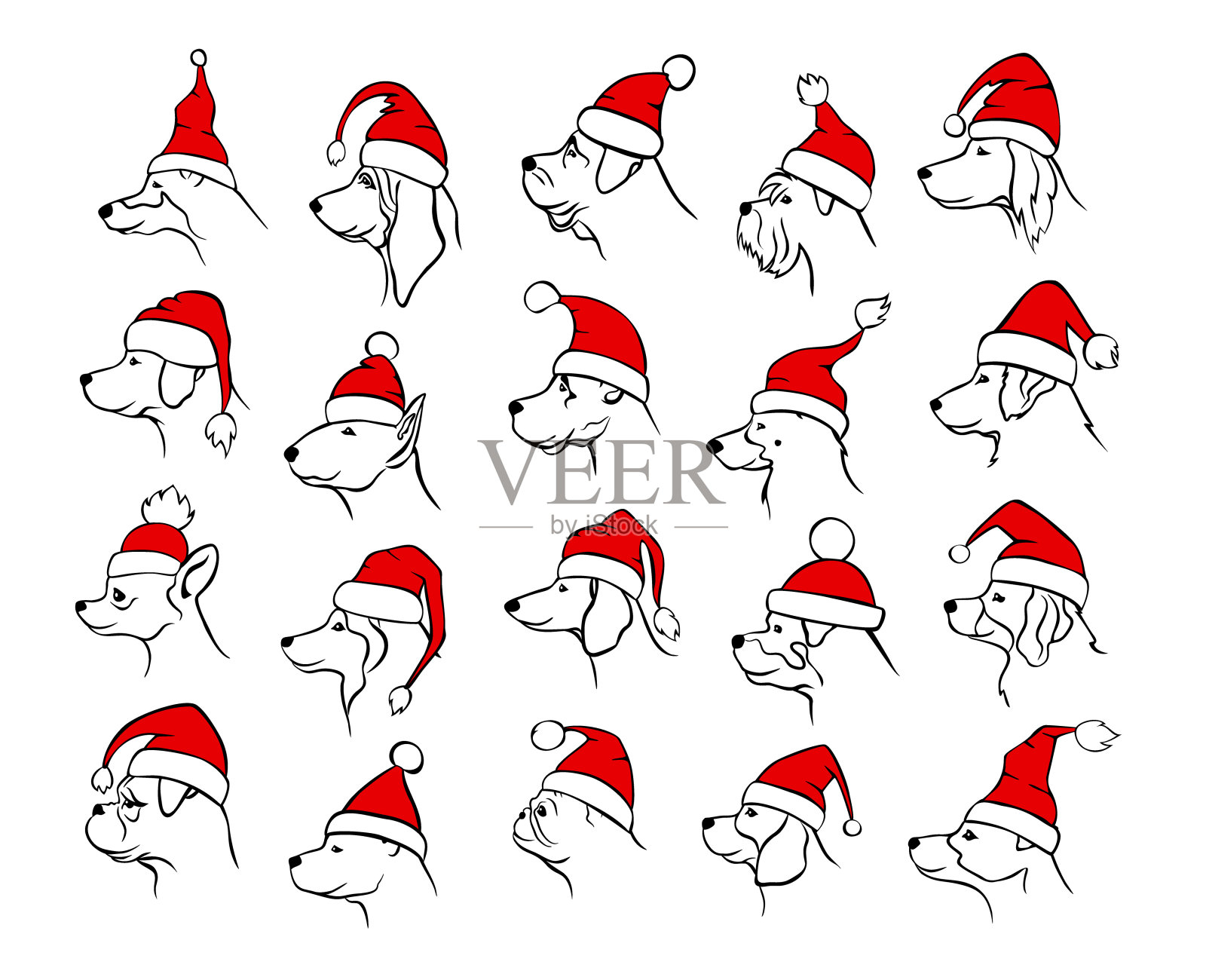 2018圣诞快乐新年概述了不同的狗狗头部轮廓脸肖像在黑色，戴着红色和白色的圣诞老人彩色帽子设计元素图片