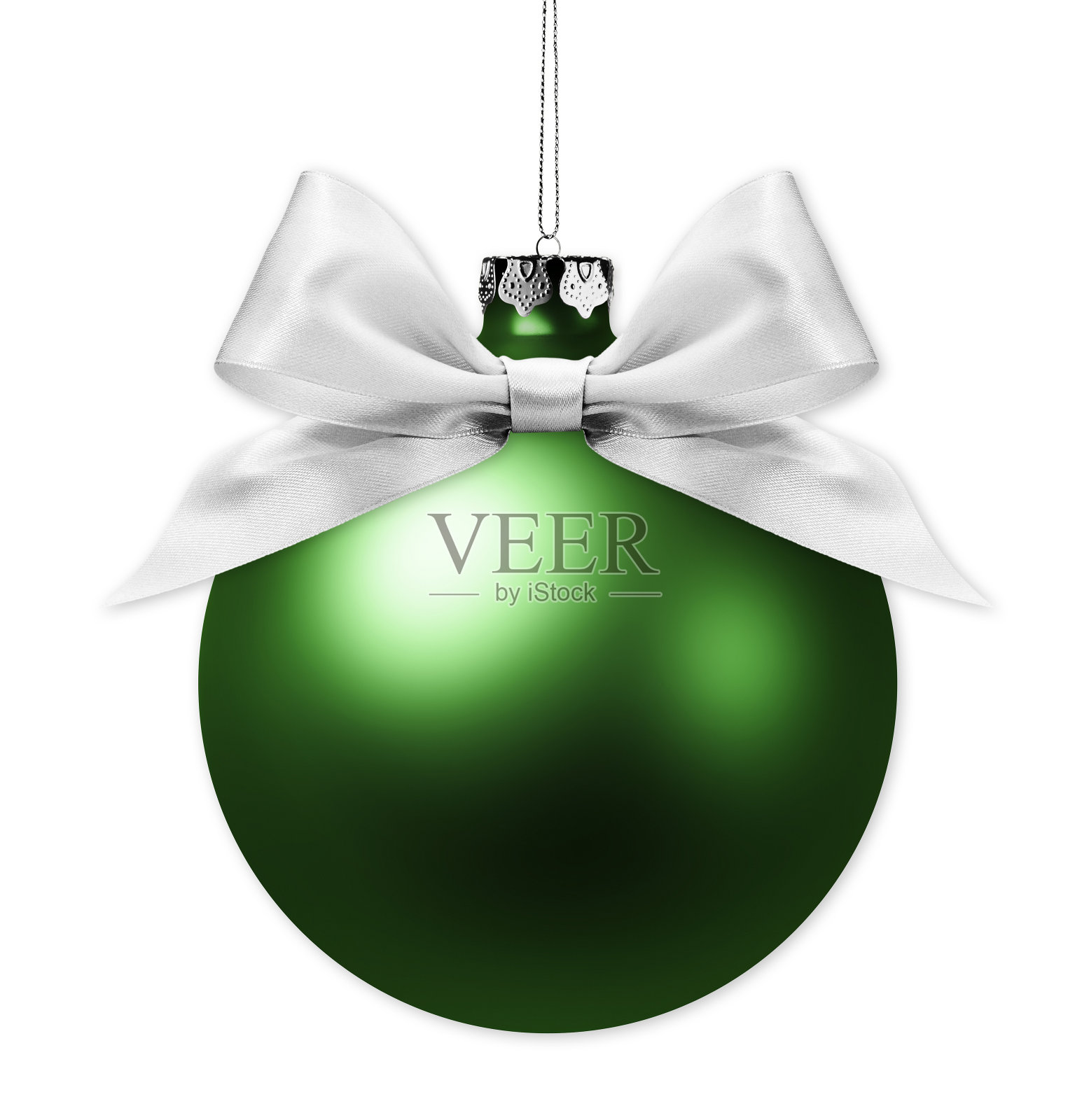 圣诞绿球孤立在白色背景与银色丝带蝴蝶结照片摄影图片
