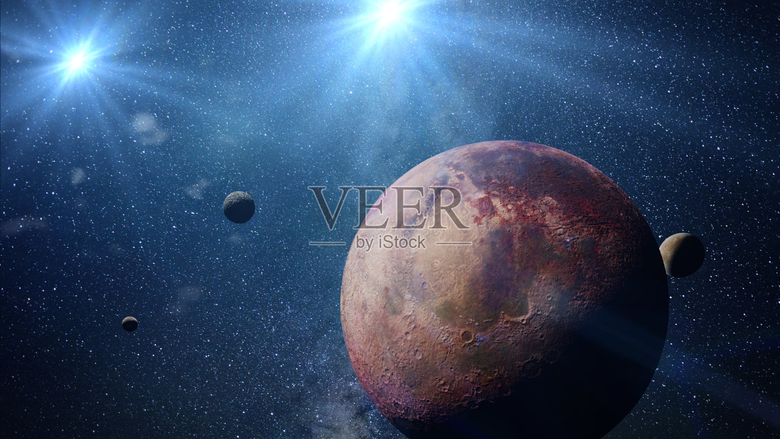美丽的系外行星与系外卫星围绕着一个外星双星系统运行(3d空间插图，图像元素由美国宇航局提供)照片摄影图片