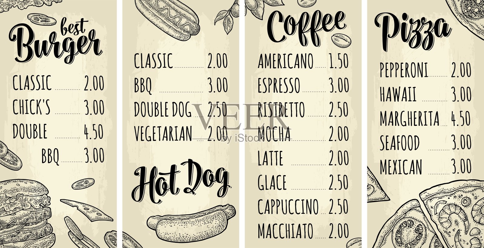餐厅或咖啡馆菜单咖啡饮料与价格。设计模板素材