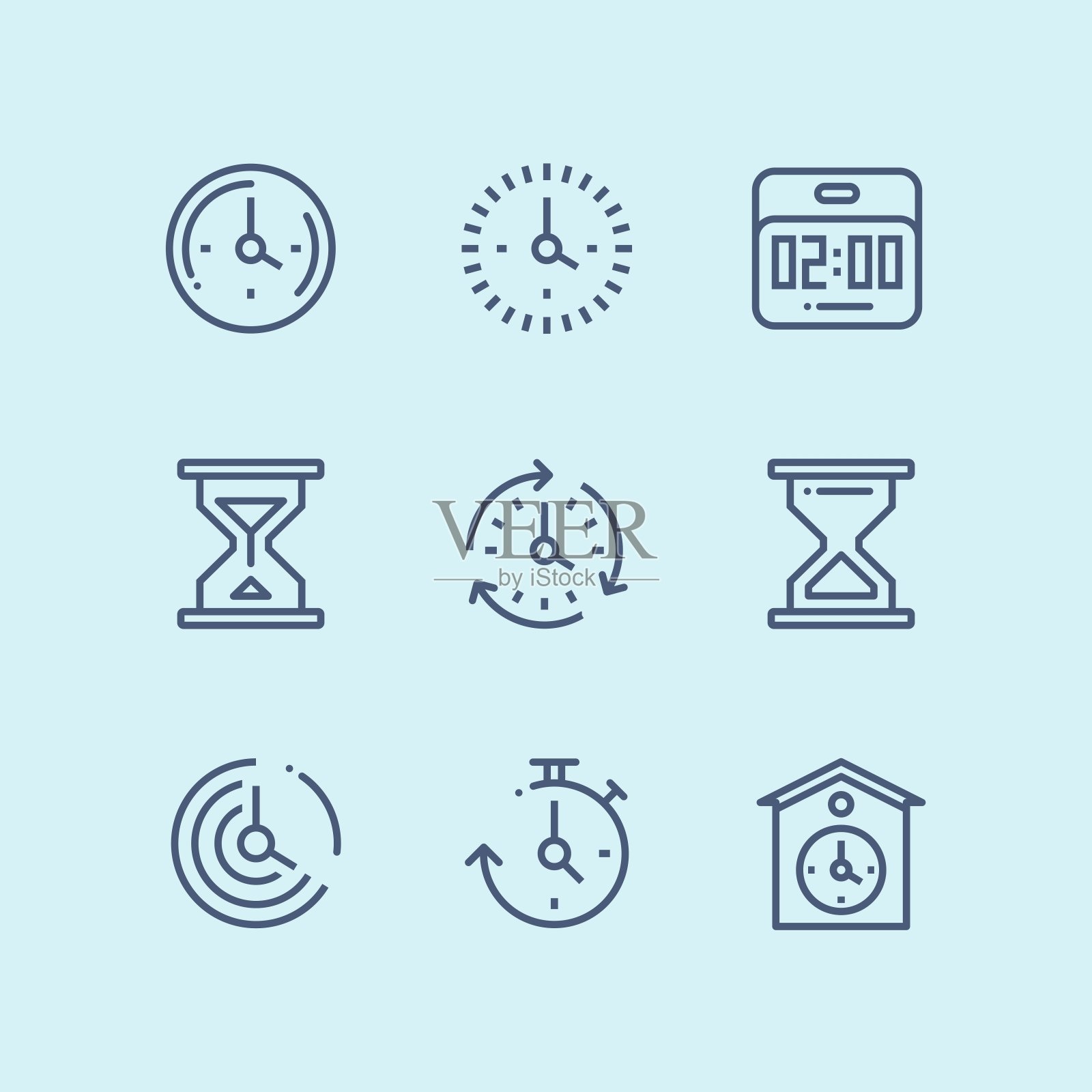 蓝色的时间，时钟，手表，计时器向量简单的轮廓图标的网页和移动设计包2图标素材