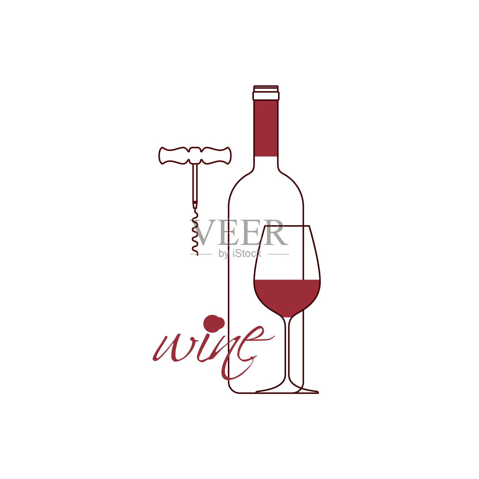 一瓶葡萄酒，一个玻璃杯和一个开瓶器。线性图标。矢量插图。插画图片素材