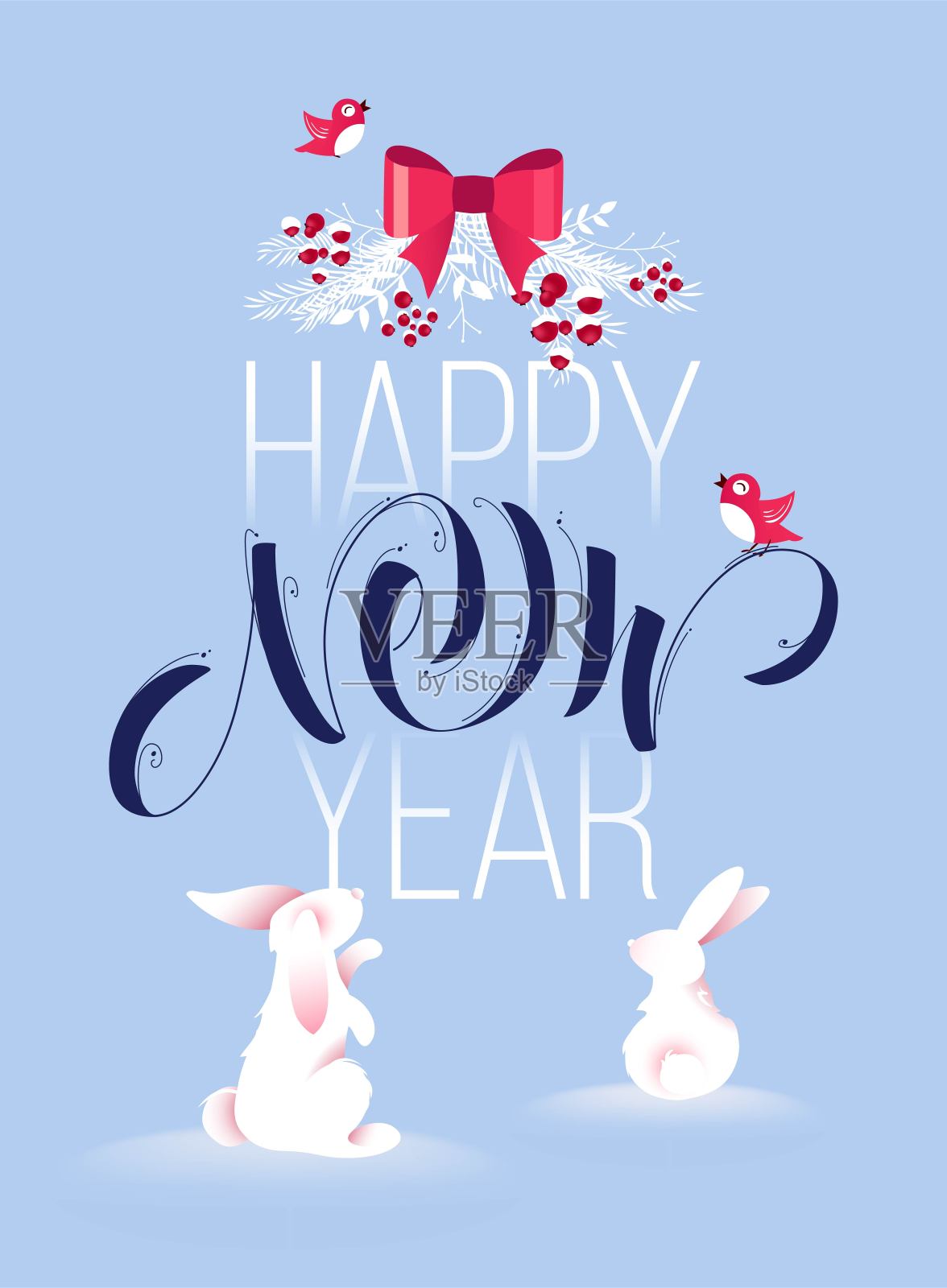 圣诞快乐和新年快乐矢量背景可爱的兔子和排版设计。插画图片素材