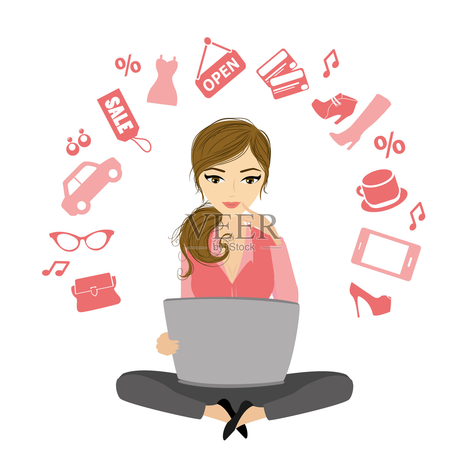 在电脑前工作的商业女性或办公室职员插画图片素材