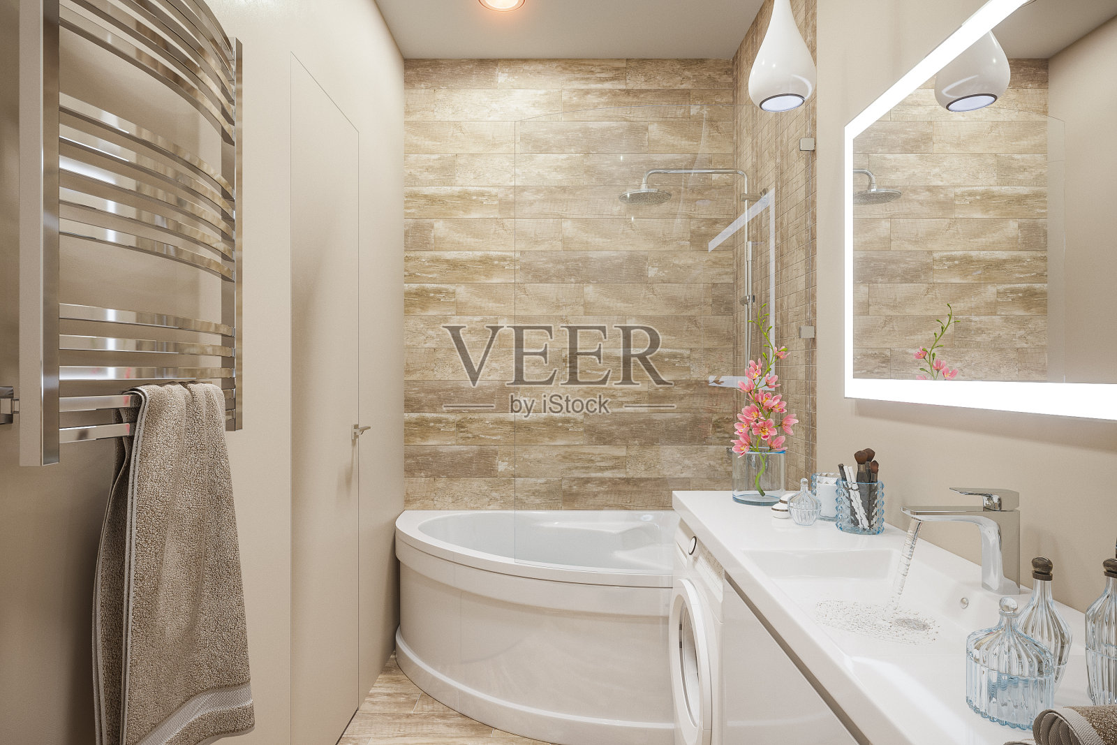 浴室内部的3d插图在一个现代风格的角落浴室。室内设计采用米色和白色照片摄影图片