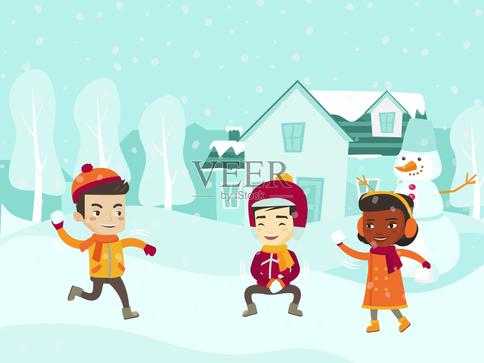 多文化的孩子打雪仗插画图片素材