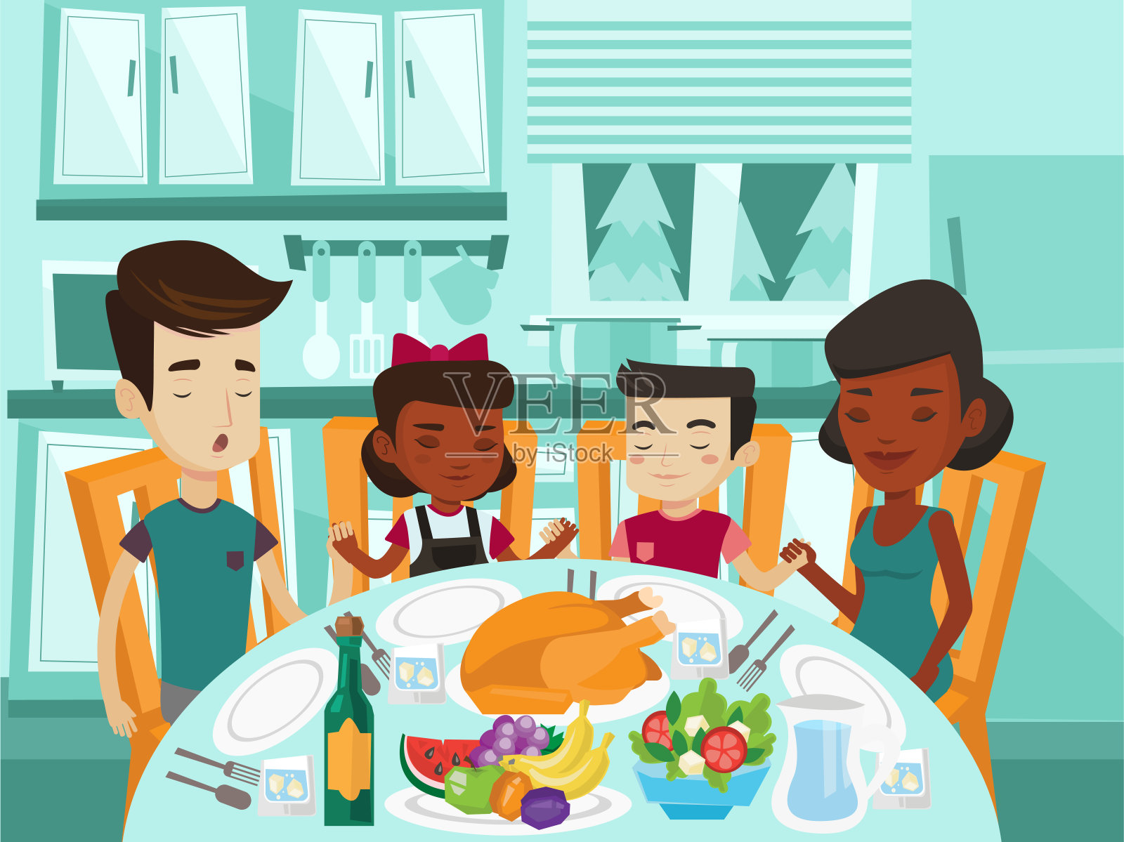 多种族家庭在节日餐桌上祈祷插画图片素材