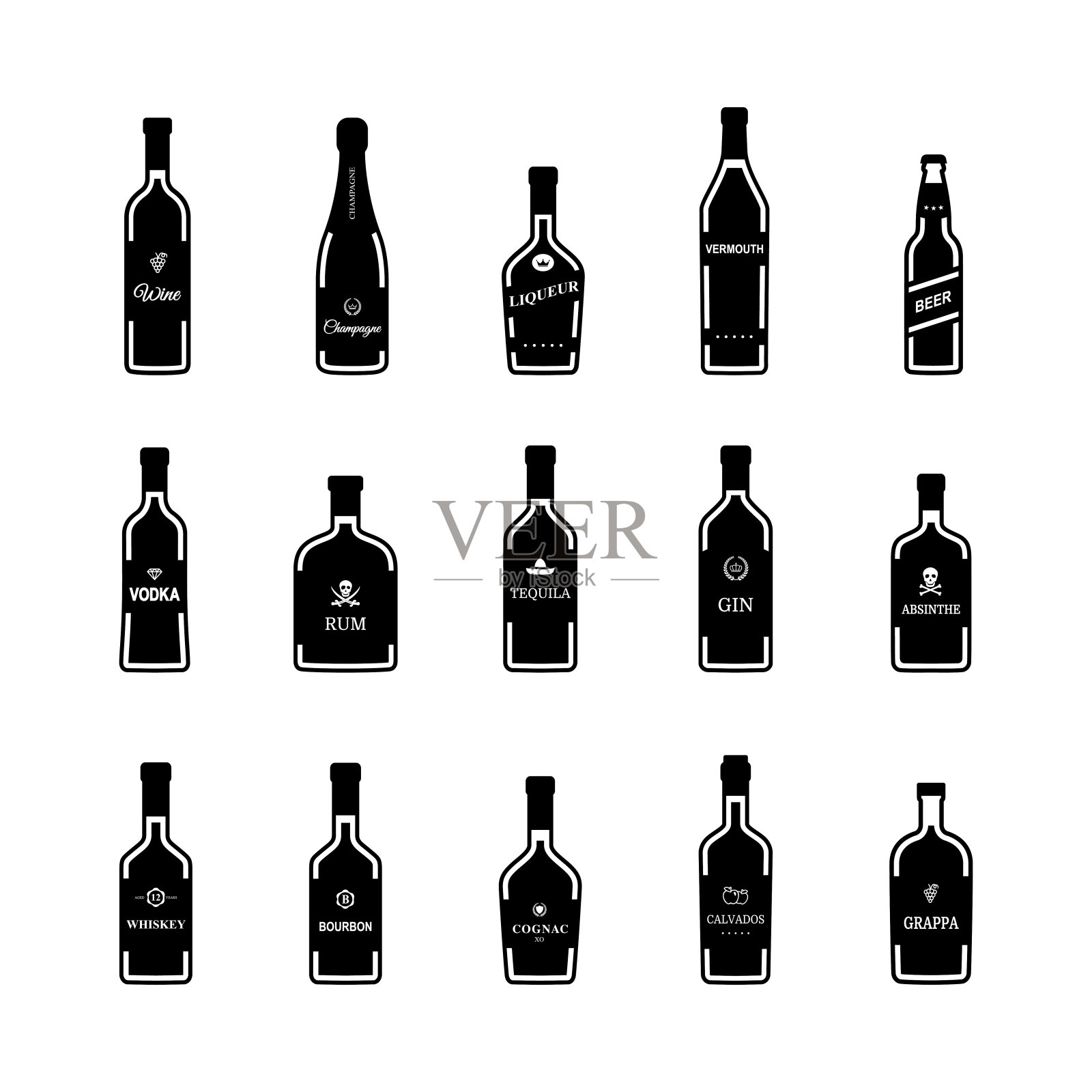 白色背景上的黑色酒瓶图标。向量图标素材