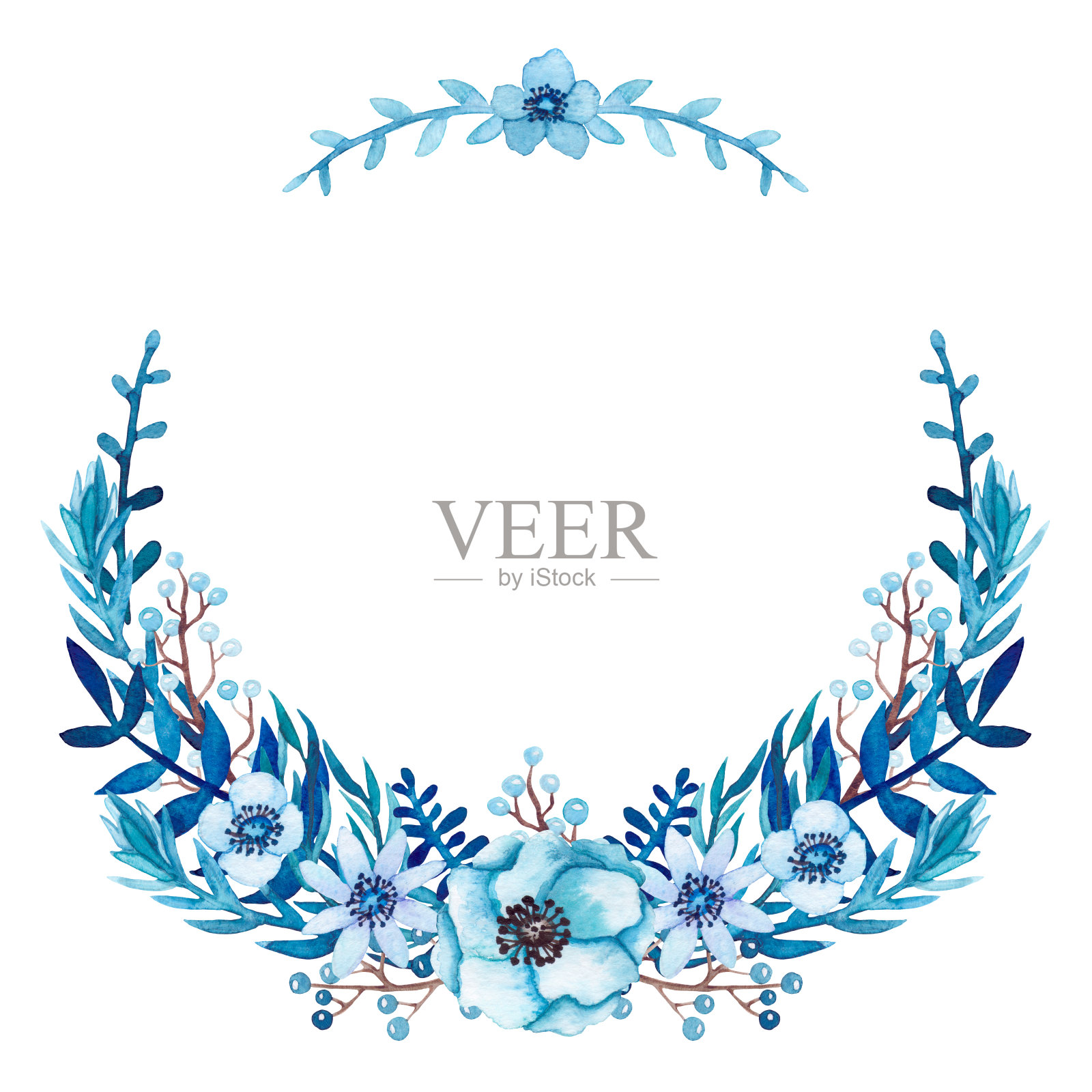 蓝色花和叶子的花环插画图片素材