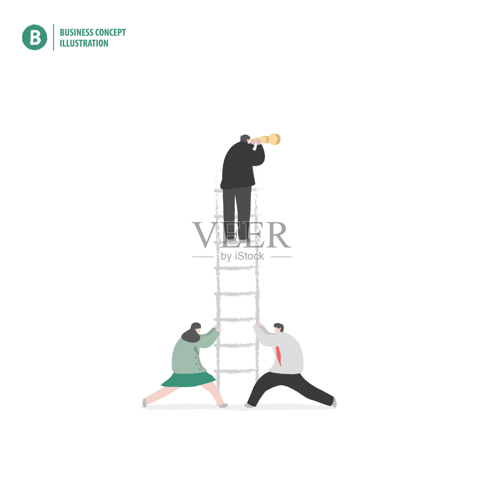 商人在梯子上与伙伴持有白色背景插图矢量。经营理念。设计元素图片