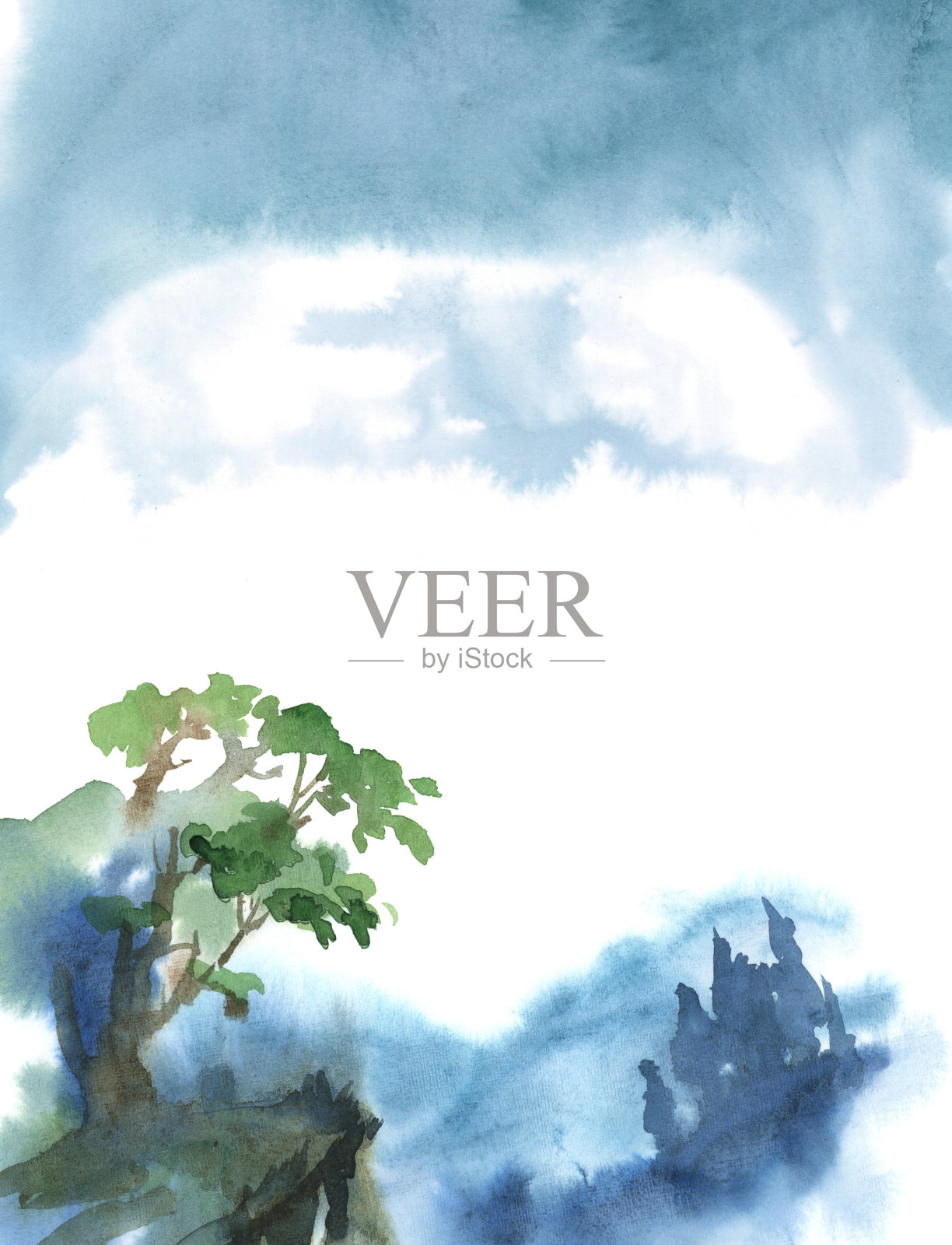 水彩插图孤立的白色背景。在湿的画。雾中的蓝色森林。插画图片素材