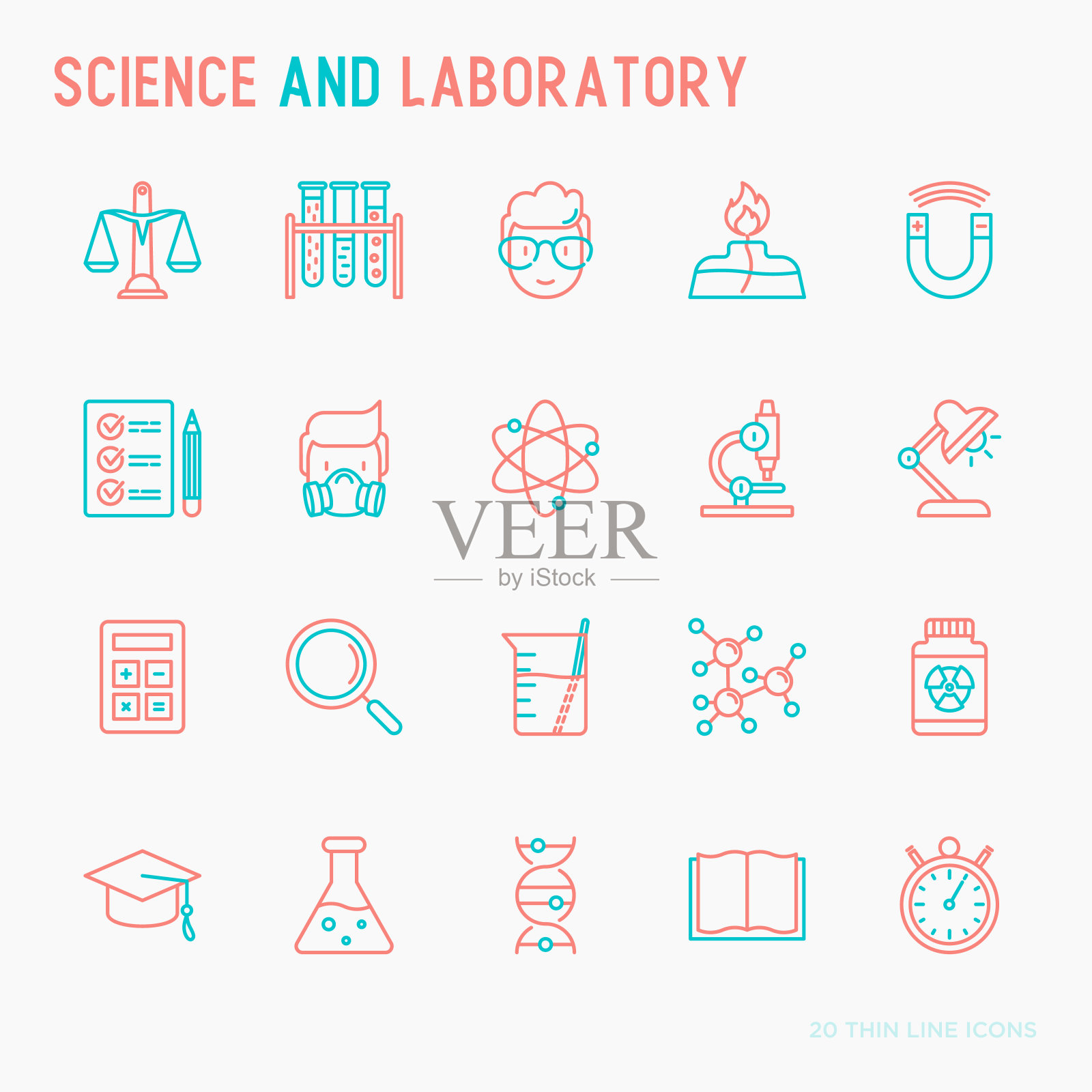 科学和实验室的细线图标，科学家，dna，显微镜，鳞片，磁铁，呼吸器，酒精灯。矢量插图的旗帜，网页，印刷媒体。插画图片素材