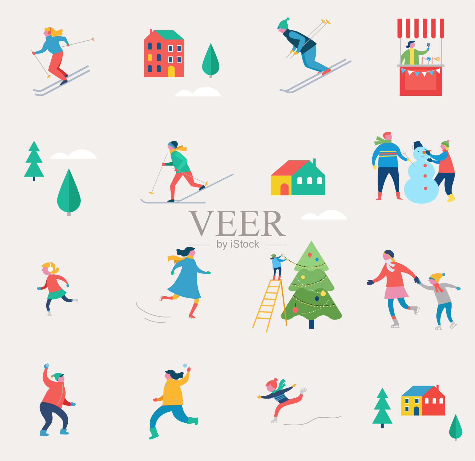 冬季运动场景，圣诞节日和集市，家庭与孩子的乐趣插画图片素材