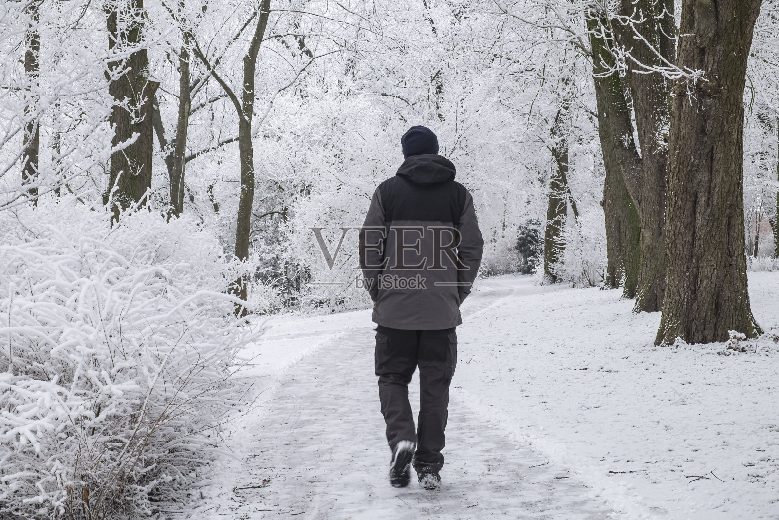 一个孤独的男人走在一条小路上，穿过城市公园里冰冻的冬季景观照片摄影图片