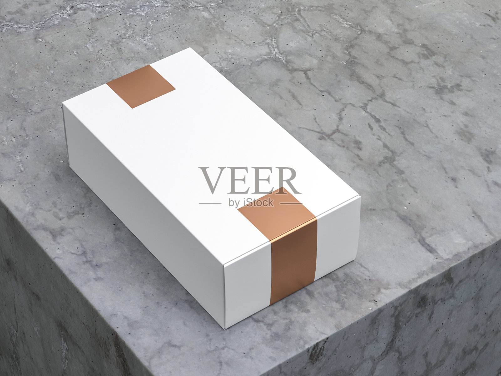 白色硬纸盒模型与黄金贴纸在混凝土桌子上插画图片素材