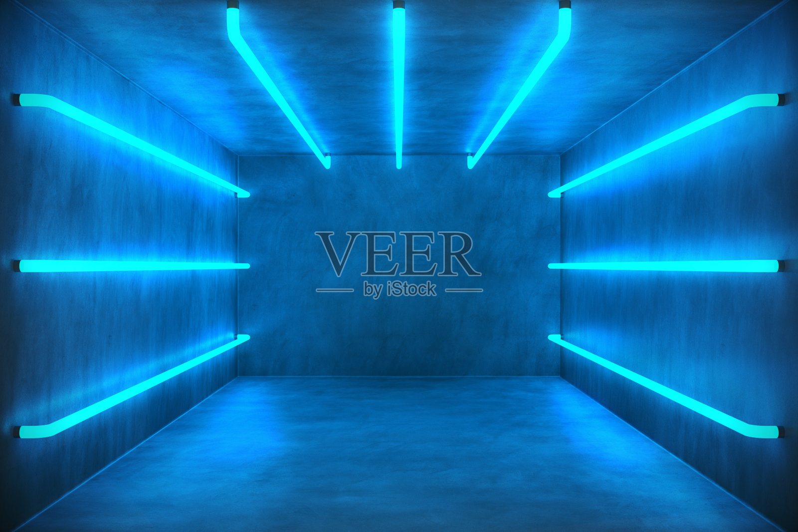 3D插图抽象的蓝色房间内部与蓝色霓虹灯。未来建筑的背景。混凝土墙箱体。你的设计项目的模型，插画图片素材