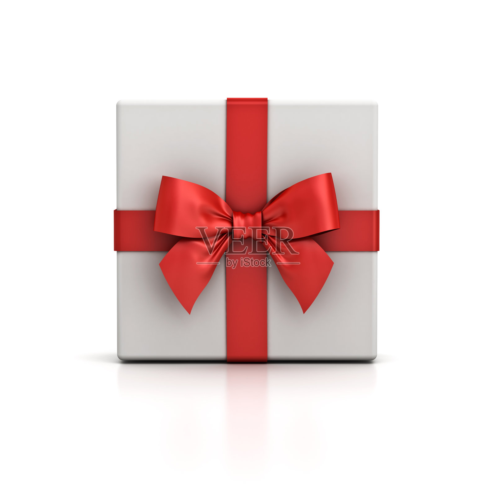 礼盒或礼品盒与红色丝带蝴蝶结孤立在白色背景与阴影和反射。三维渲染插画图片素材