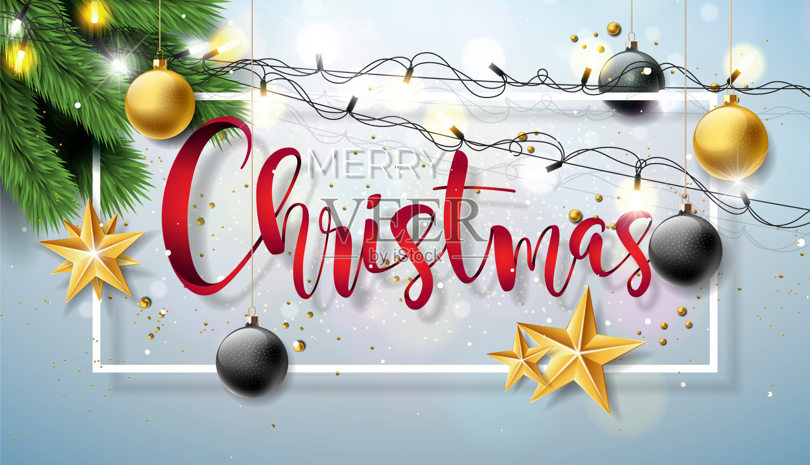矢量圣诞快乐插图在发光的背景与印刷和节日灯花环，松树枝，雪花和装饰球。节日设计的优质贺卡。插画图片素材