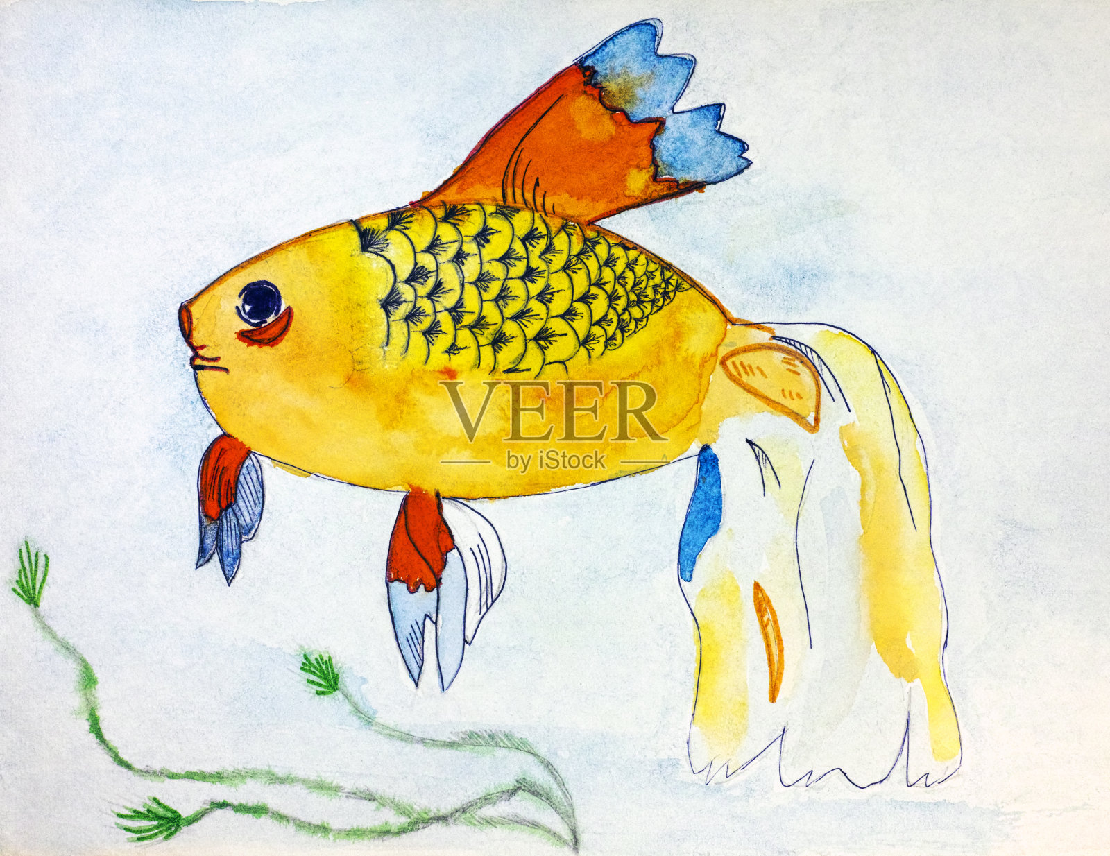 鱼。儿童水彩手绘。插画图片素材