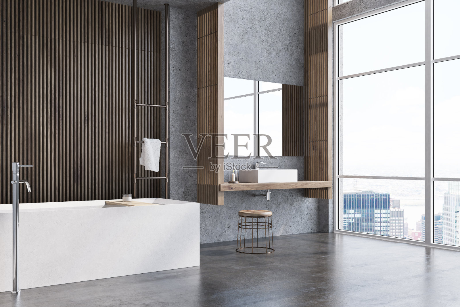 灰色和深色的木制浴室，浴缸的角落插画图片素材