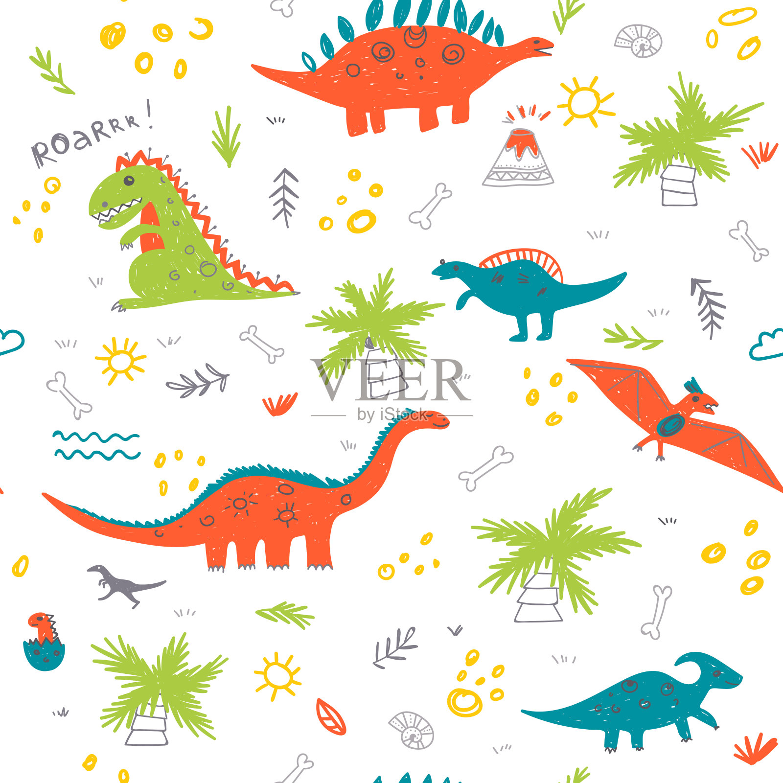 矢量无缝儿童模式与彩色恐龙插画图片素材