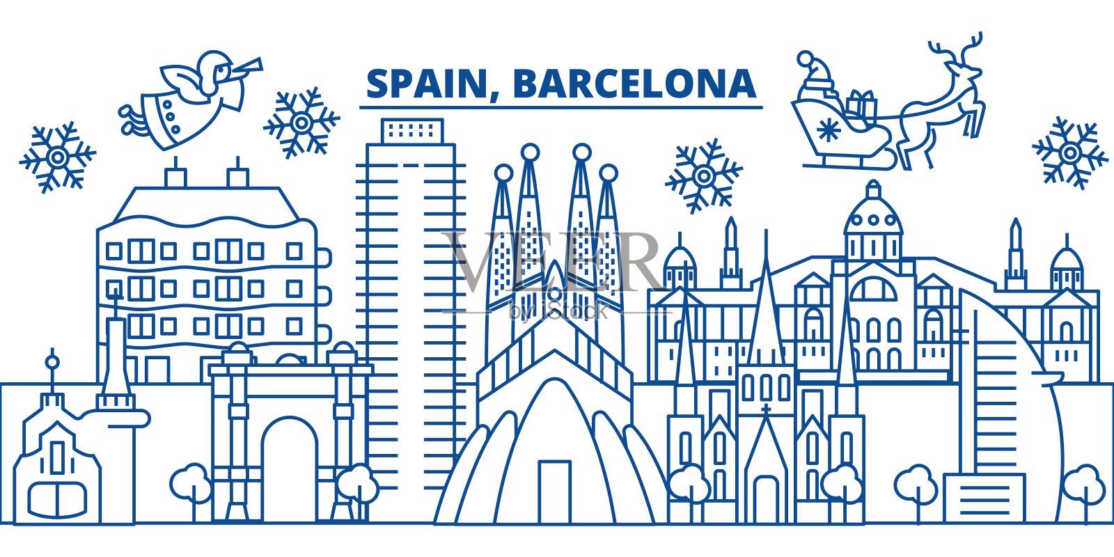 西班牙，巴塞罗那冬季城市天际线。圣诞快乐，新年快乐横幅上装饰着圣诞老人。冬季贺卡。平,轮廓向量。线形圣诞雪插画插画图片素材