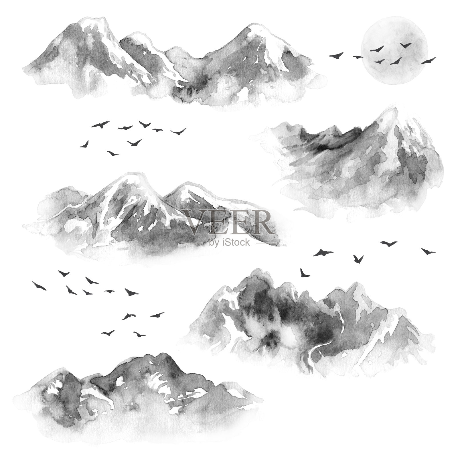 黑白山顶的雪插画图片素材