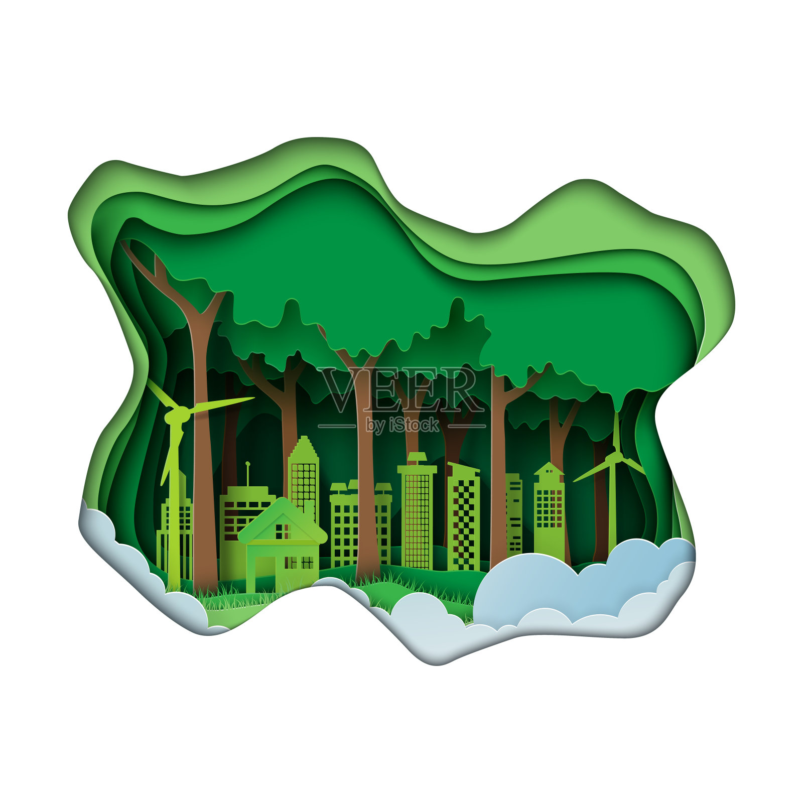 绿色城市纸艺术风格插画图片素材
