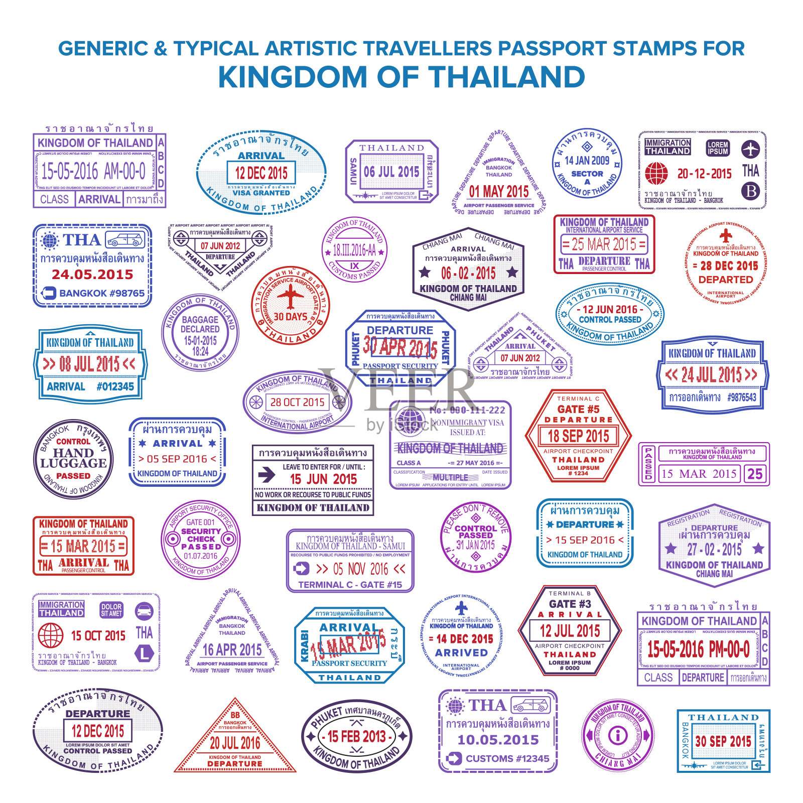 海关矢量典型的艺术护照到达和离开邮票变化设置为泰国插画图片素材
