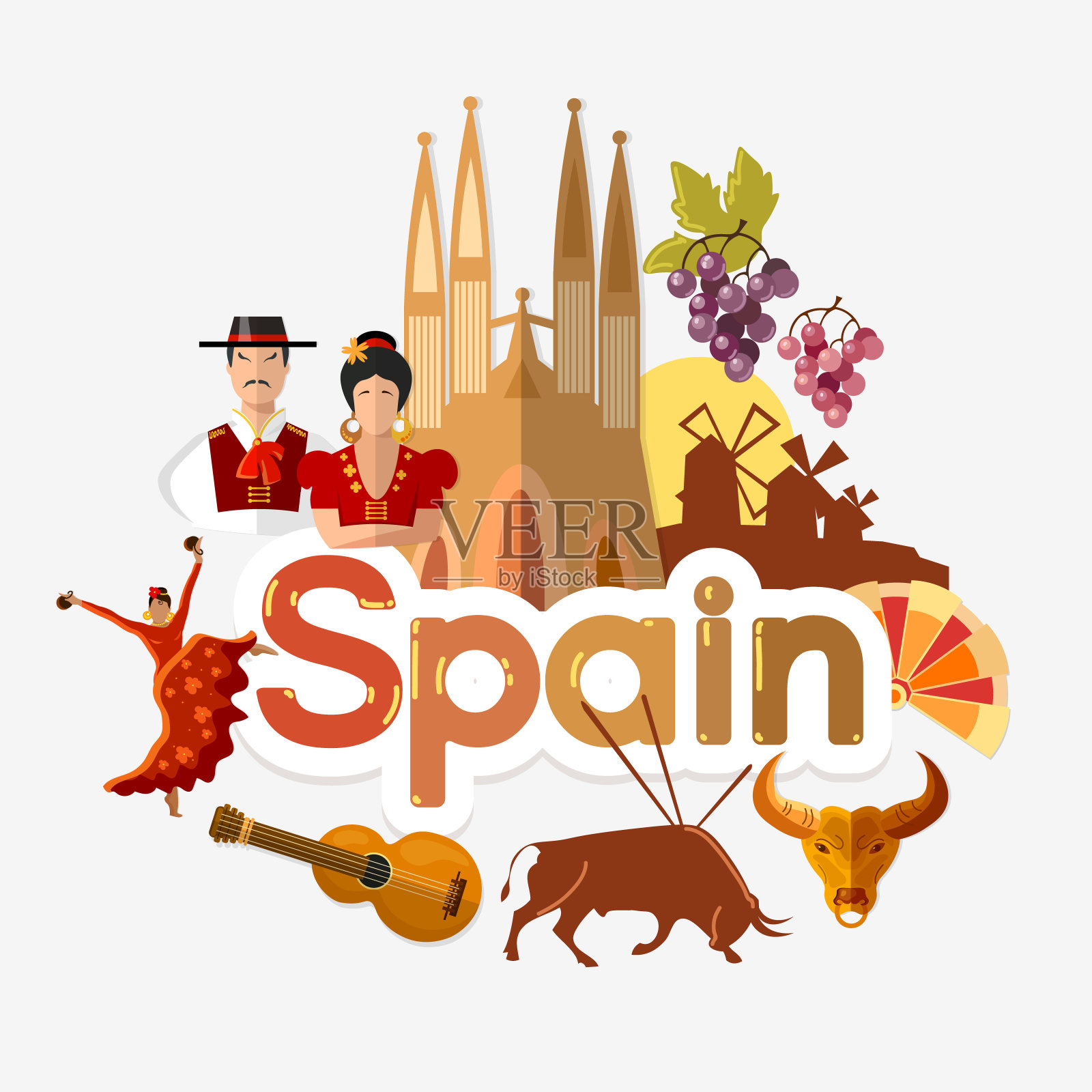 前往西班牙。传统和文化，欢迎来到西班牙。符号元素的集合。模板旅游背景插画图片素材