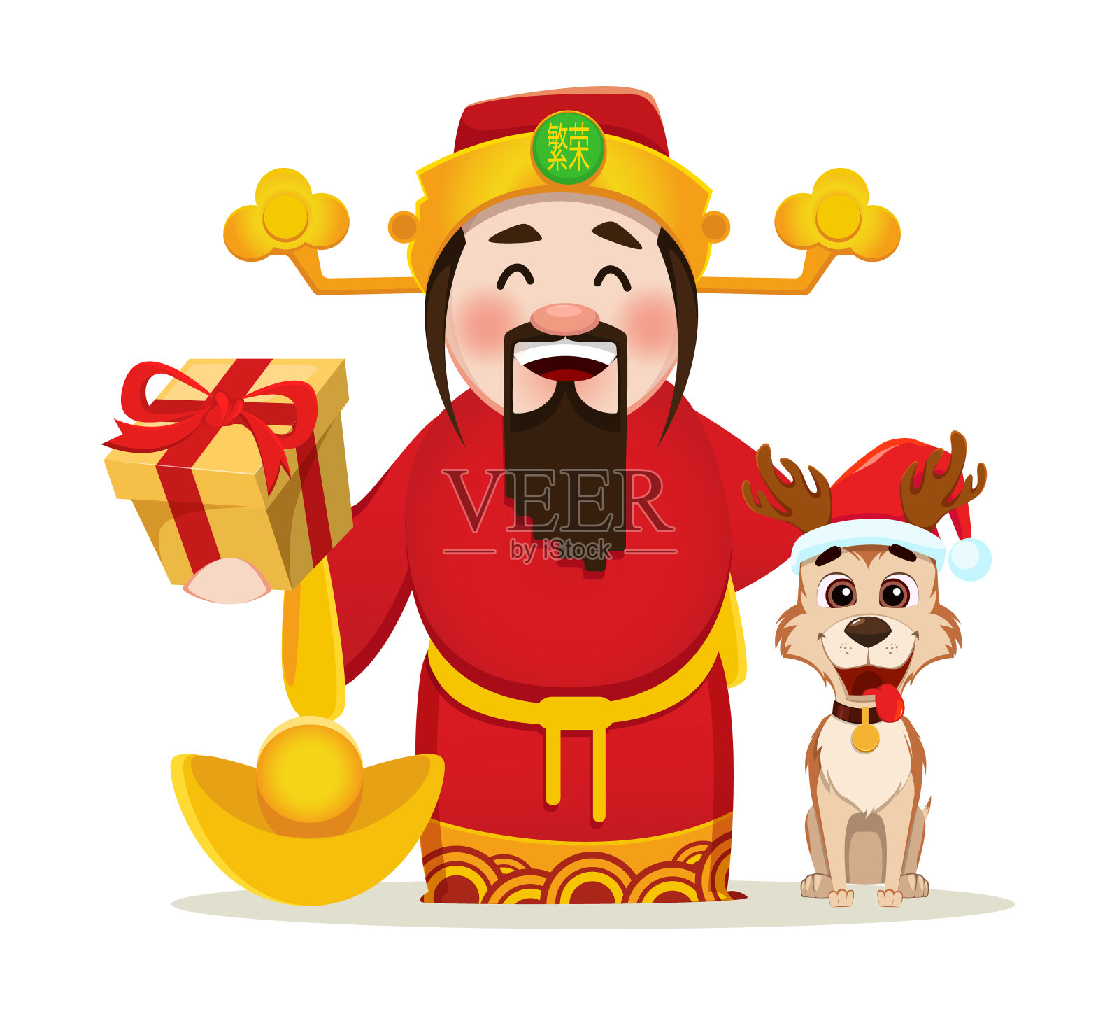 中国的财神拿着礼盒和可爱的狗坐在他旁边。插画图片素材