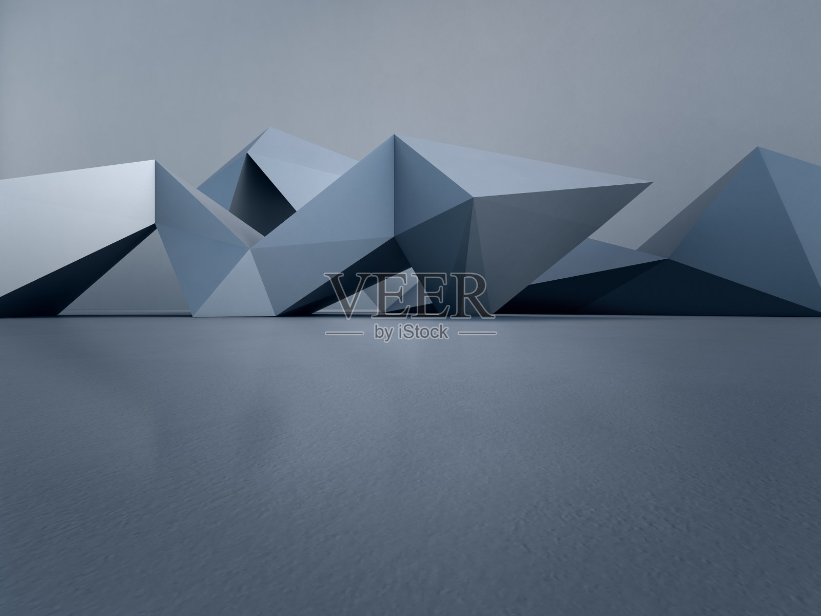 几何形状的结构在空的混凝土地板上，白色墙壁背景的大厅或现代展厅，未来建筑的施工技术-抽象室内设计3d插图插画图片素材