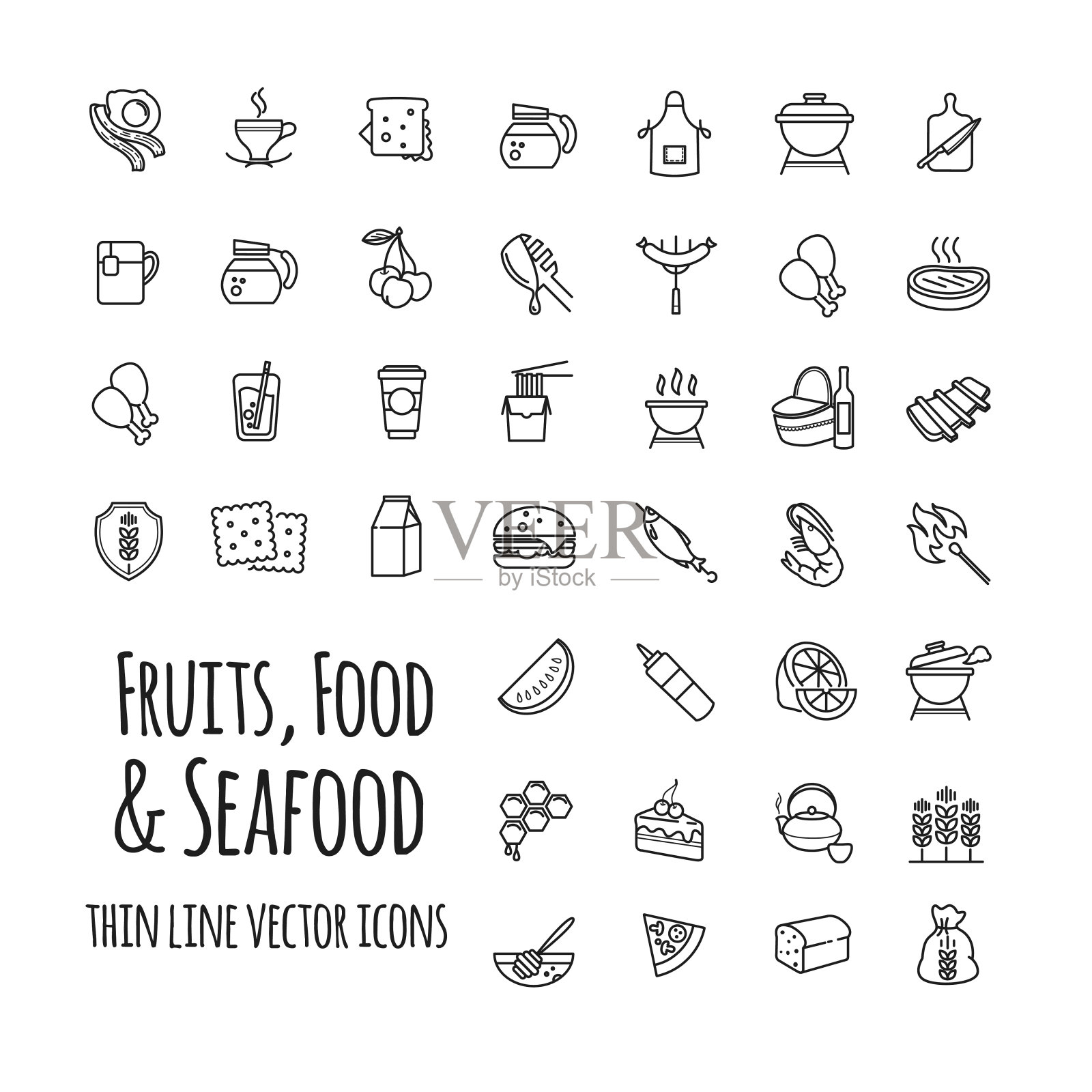 水果，食物和海鲜的轮廓矢量图标设置图标素材