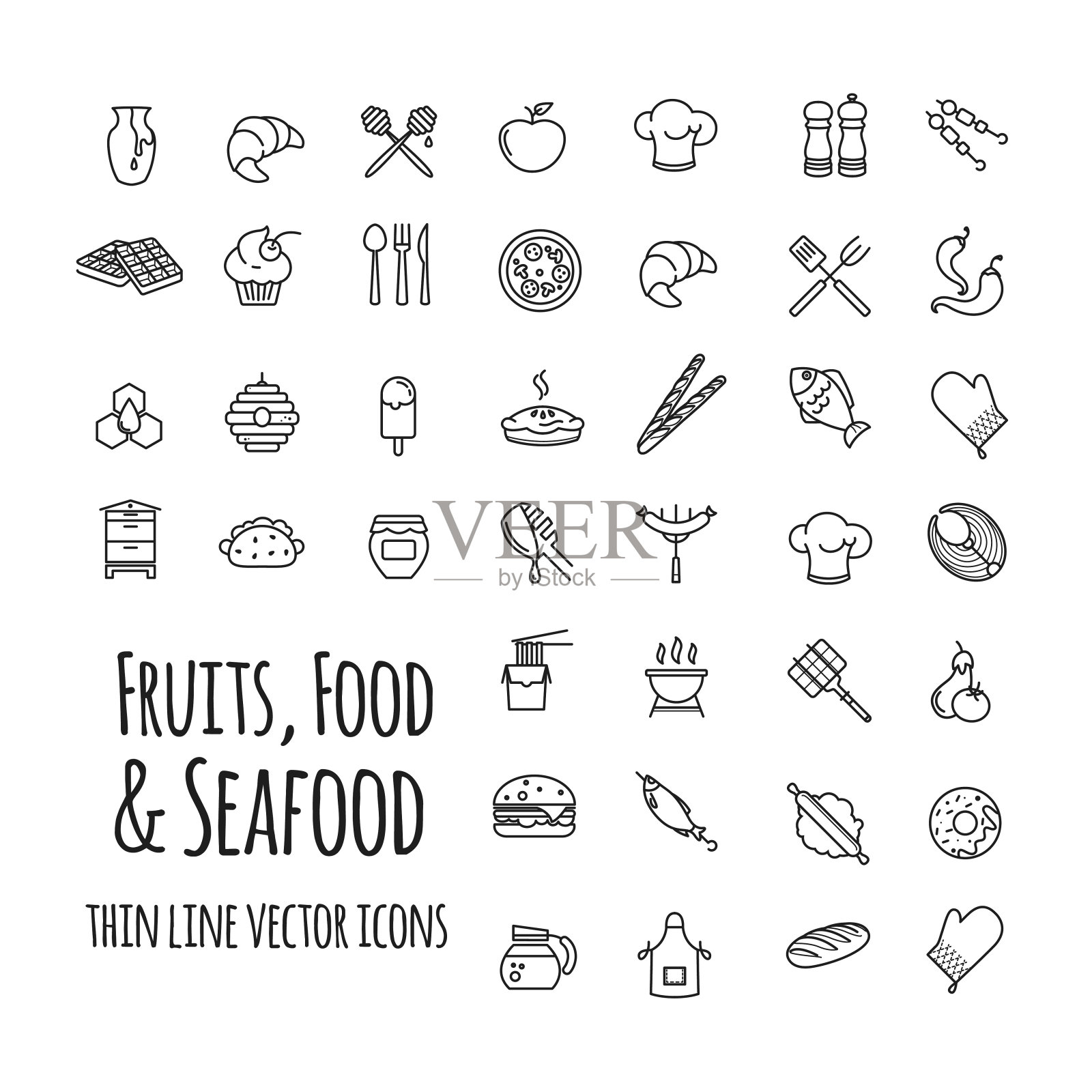 水果，食物和海鲜的轮廓集矢量图标图标素材