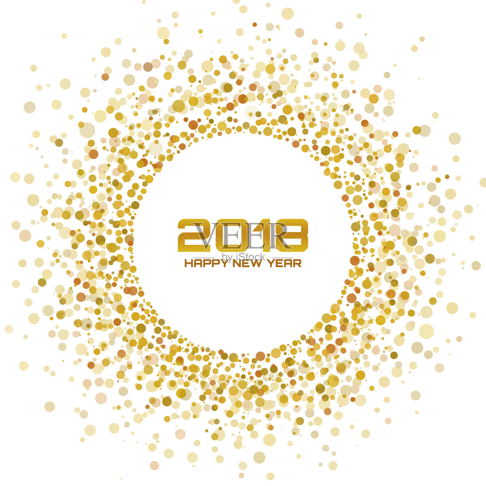 2018年新年贺卡的背景。金色灯光半色调圣诞圈框架使用雪花纸屑圆点纹理孤立在白色背景。矢量插图。插画图片素材