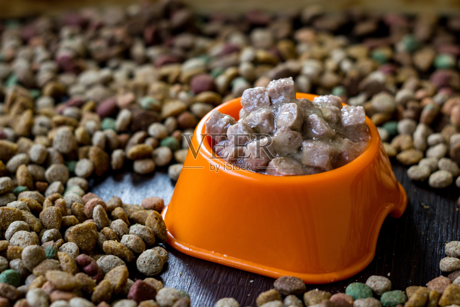 湿罐头宠物食品放在碗里，周围是干粮。照片摄影图片