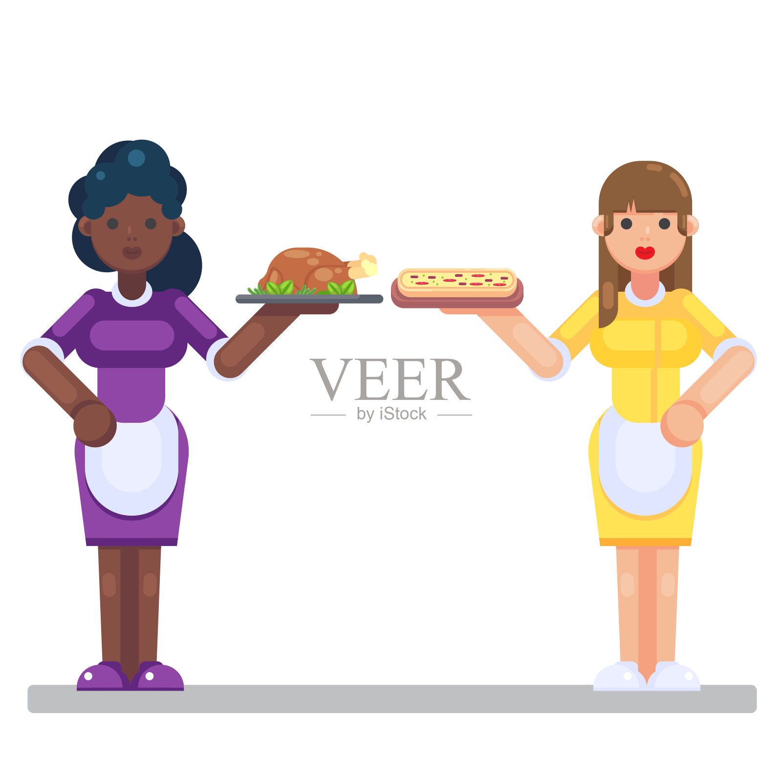 矢量彩色插图在平面风格的图像年轻女服务员餐厅概念非裔美国人和白人妇女女孩与托盘eps10插画图片素材