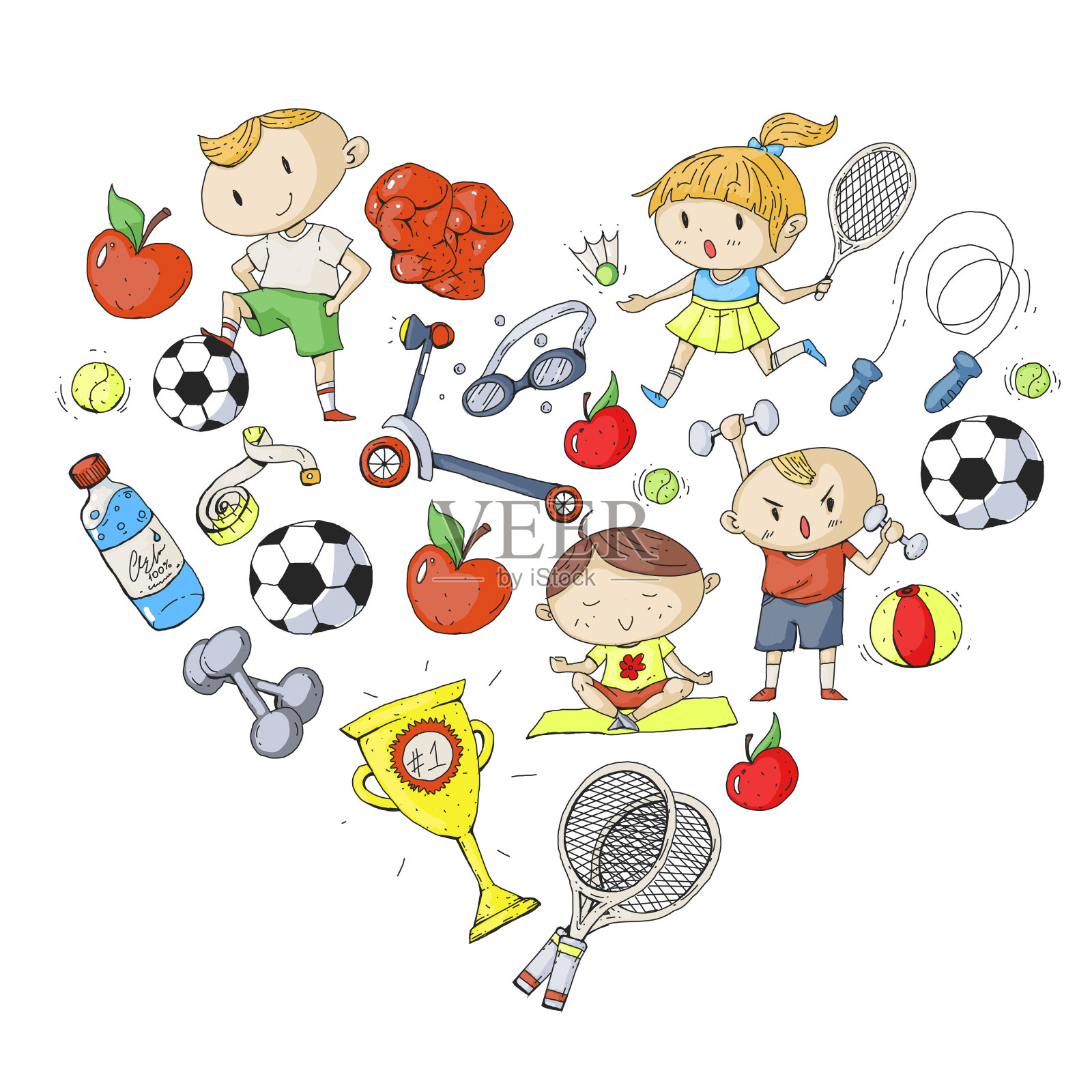 孩子的运动。孩子们画的。幼儿园，学校，大学，幼儿园。足球，足球，网球，跑步，拳击，橄榄球，瑜伽，游泳插画图片素材