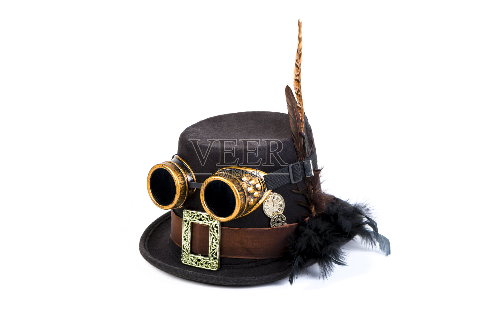蒸汽朋克的帽子和护目镜前面的白色背景照片摄影图片