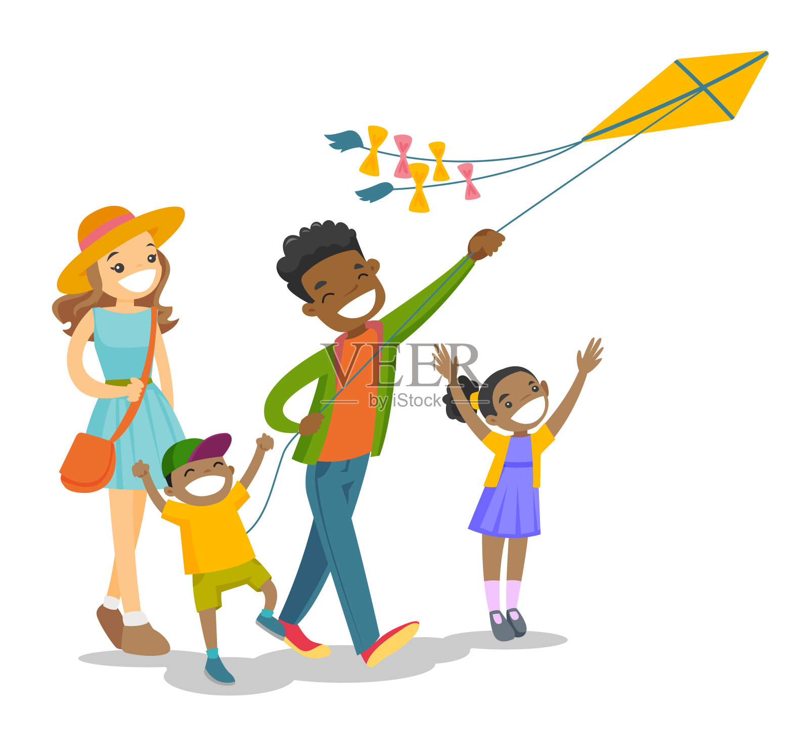 年轻的多民族家庭玩风筝设计元素图片