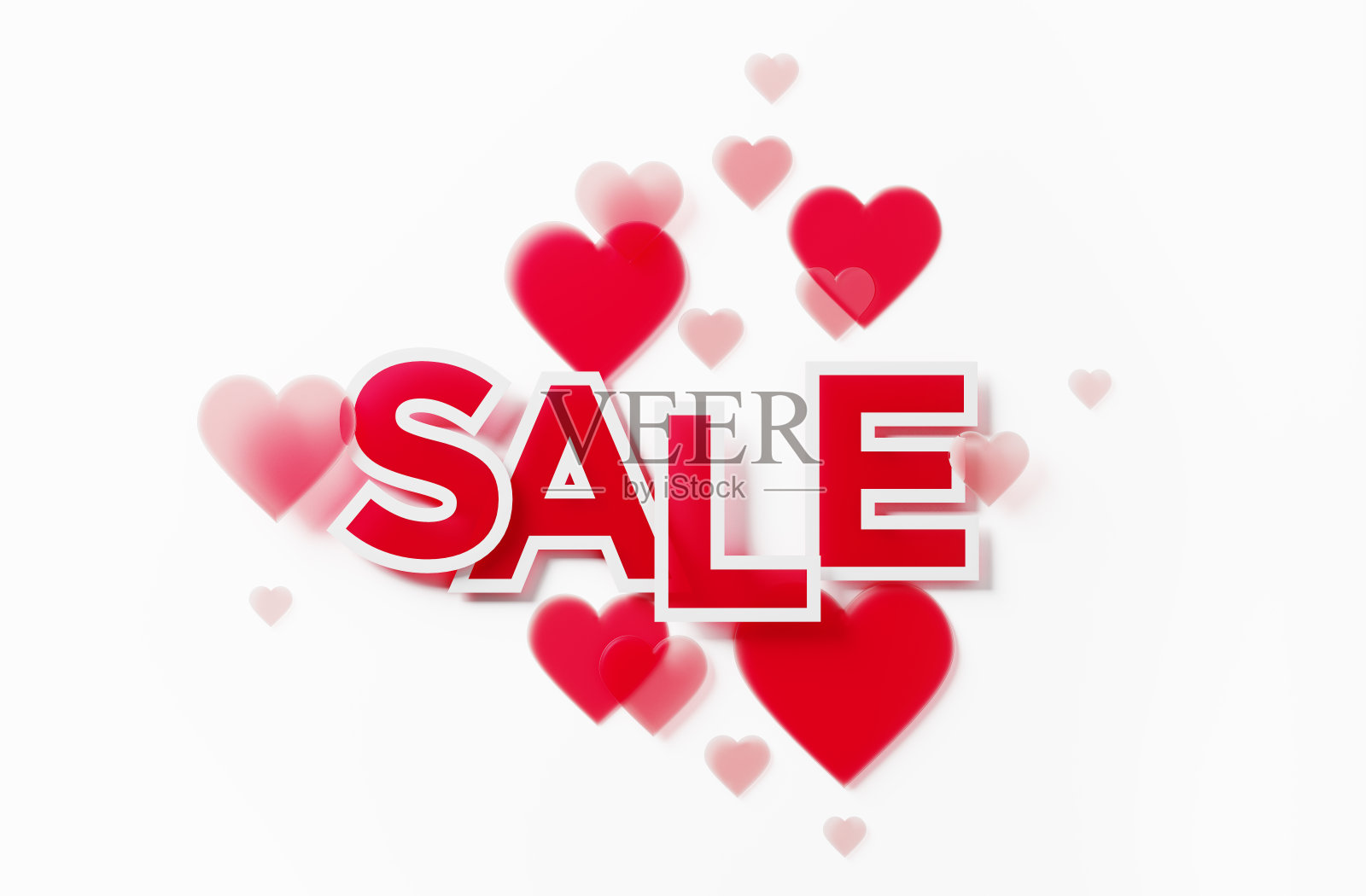 情人节销售概念-销售文本包围红色心形形状照片摄影图片