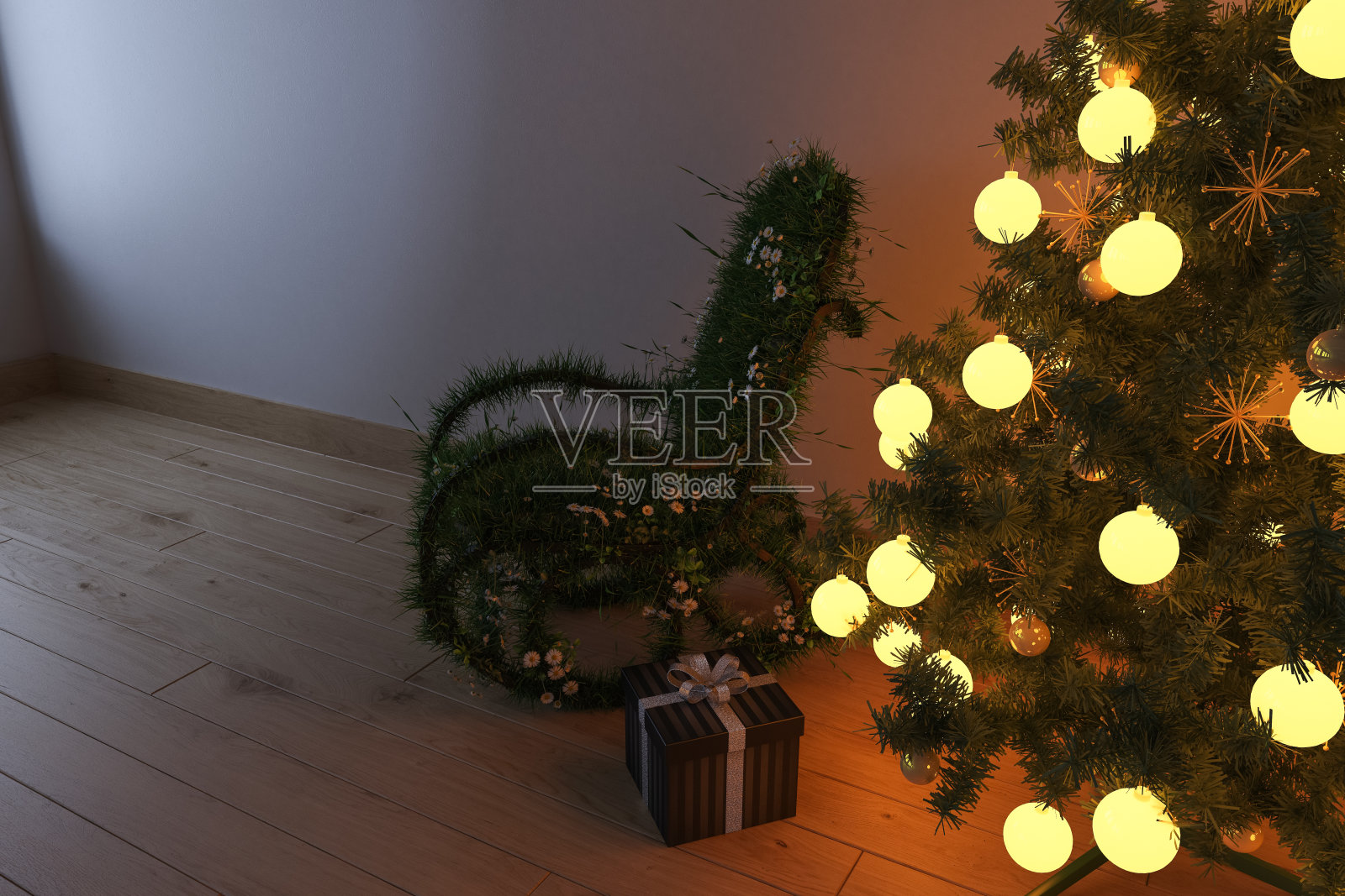 装饰圣诞树与草和雏菊覆盖摇椅附近插画图片素材